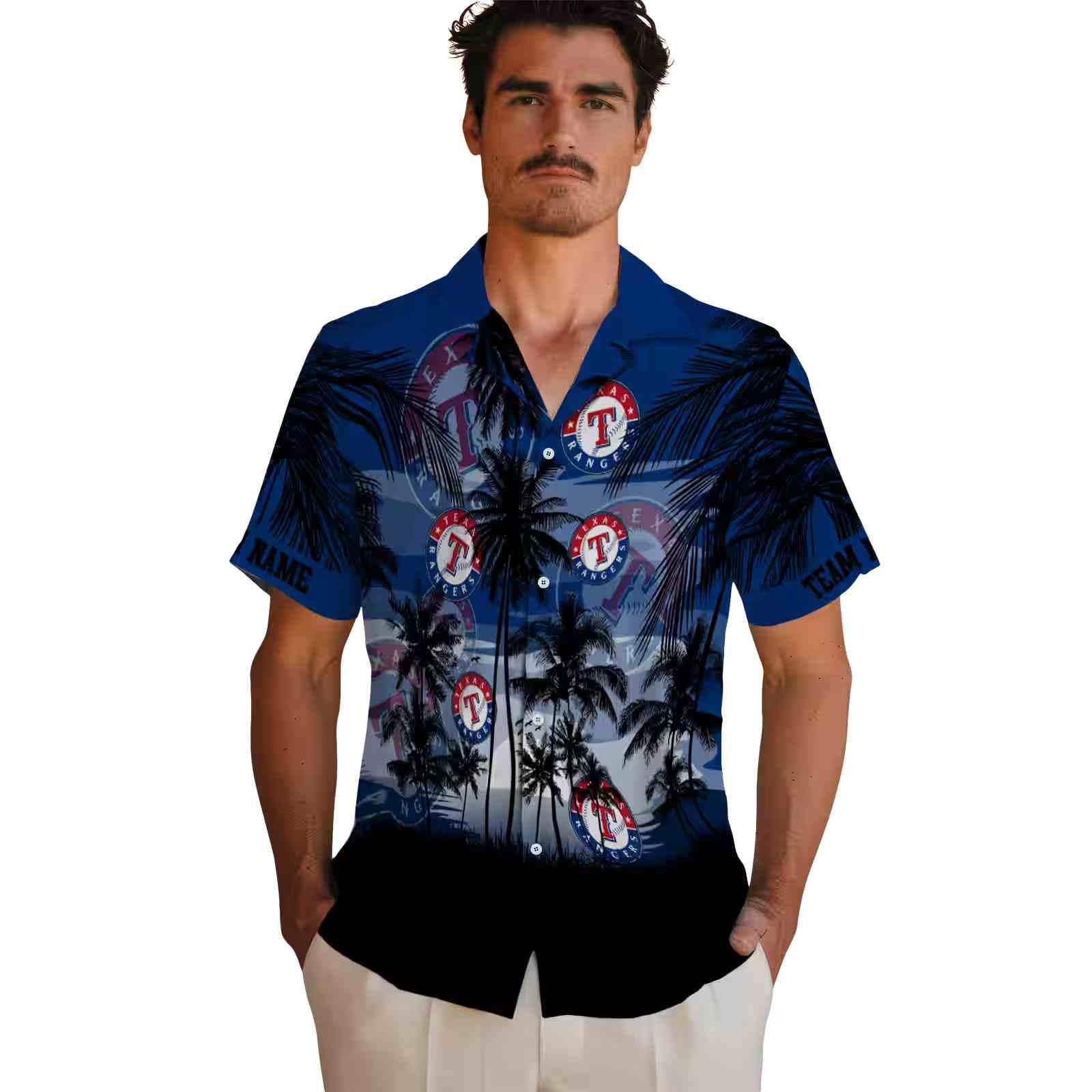 personalized texas rangers sunset scene blue black hawaiian shirt fashion forward