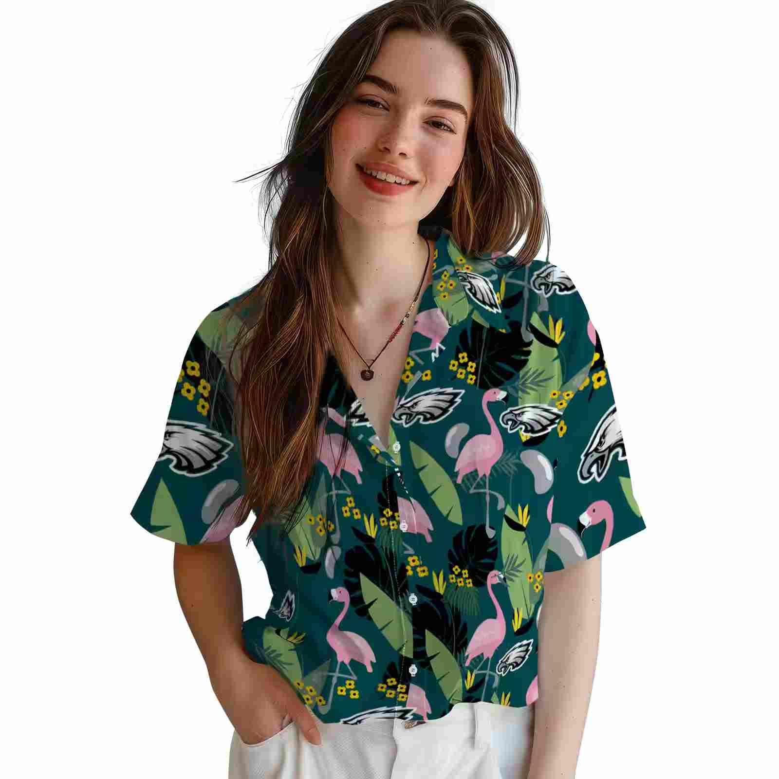 philadelphia eagles flamingo leaves green hawaiian shirt latest model