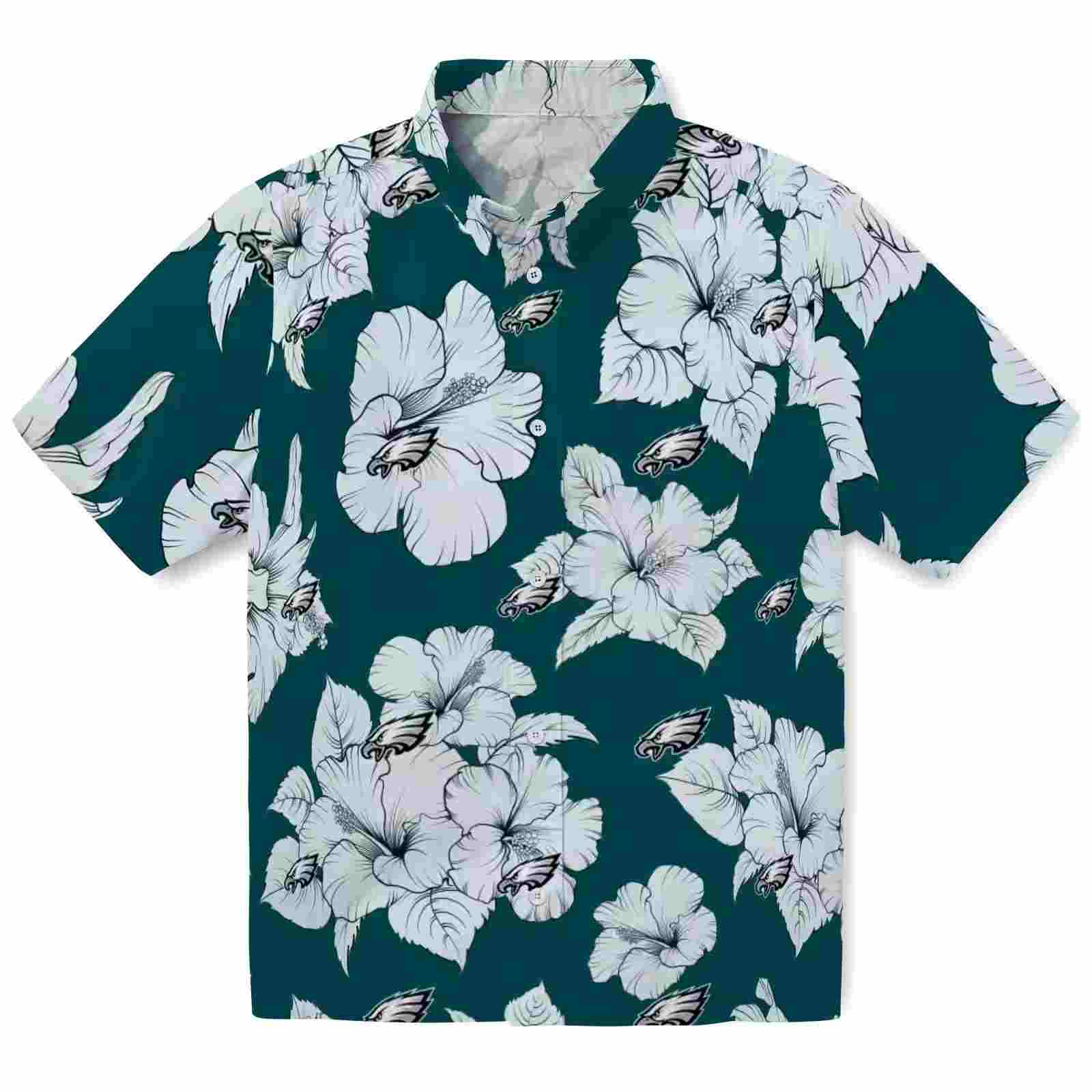 Philadelphia Eagles Hibiscus Blooms Green White Hawaiian Shirt