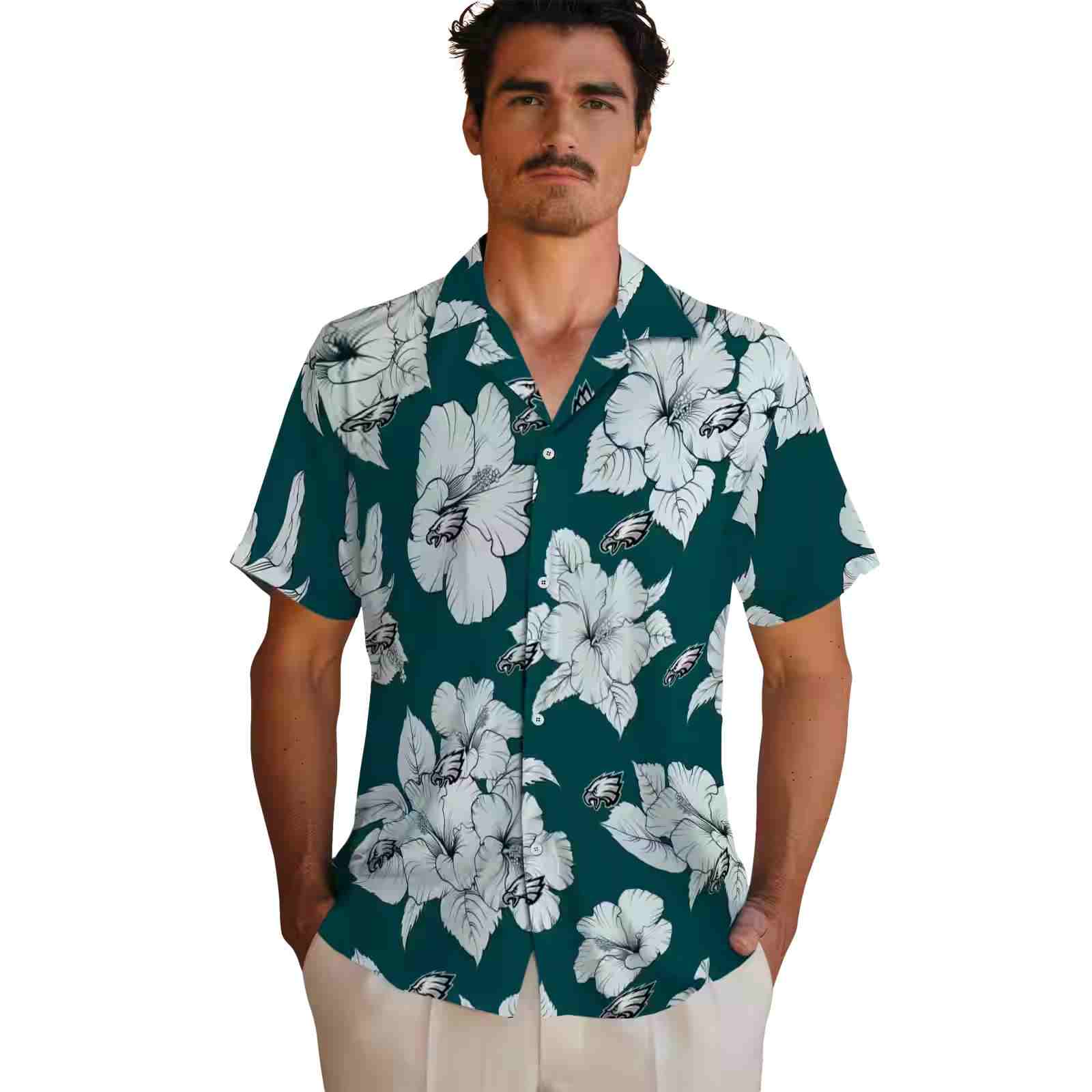 philadelphia eagles hibiscus blooms green white hawaiian shirt fashion forward