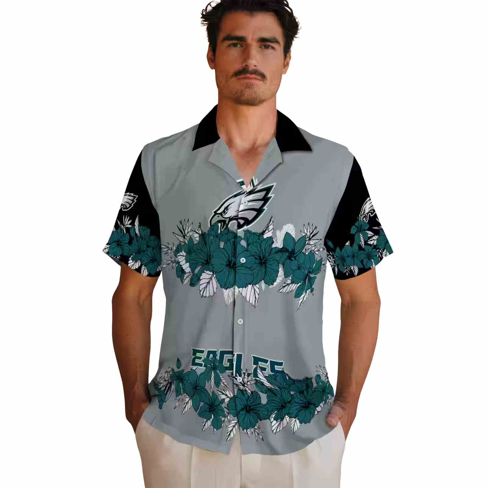 philadelphia eagles hibiscus stripe green black hawaiian shirt fashion forward