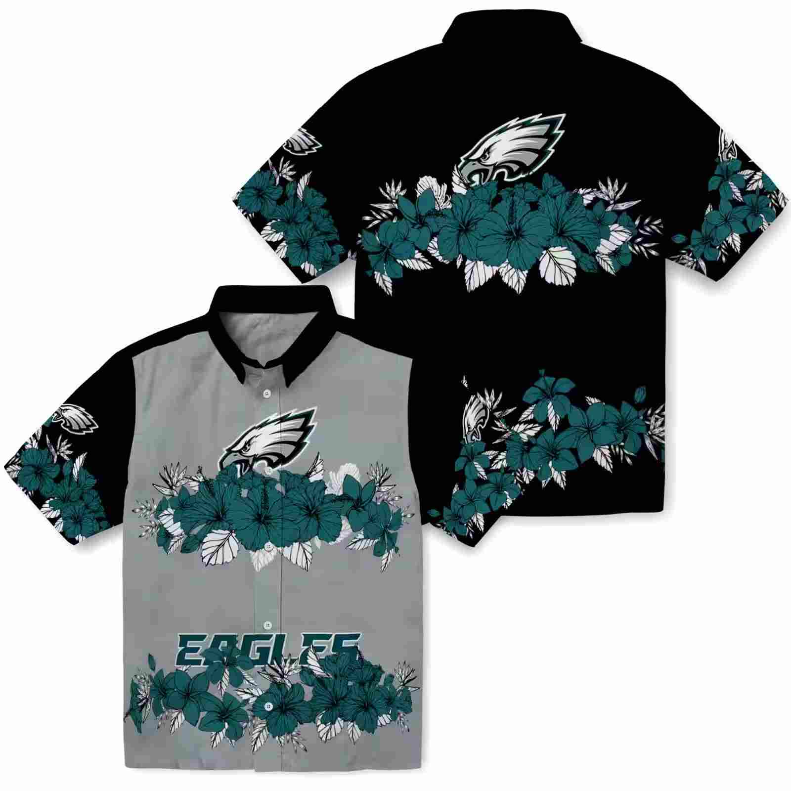 philadelphia eagles hibiscus stripe green black hawaiian shirt high quality