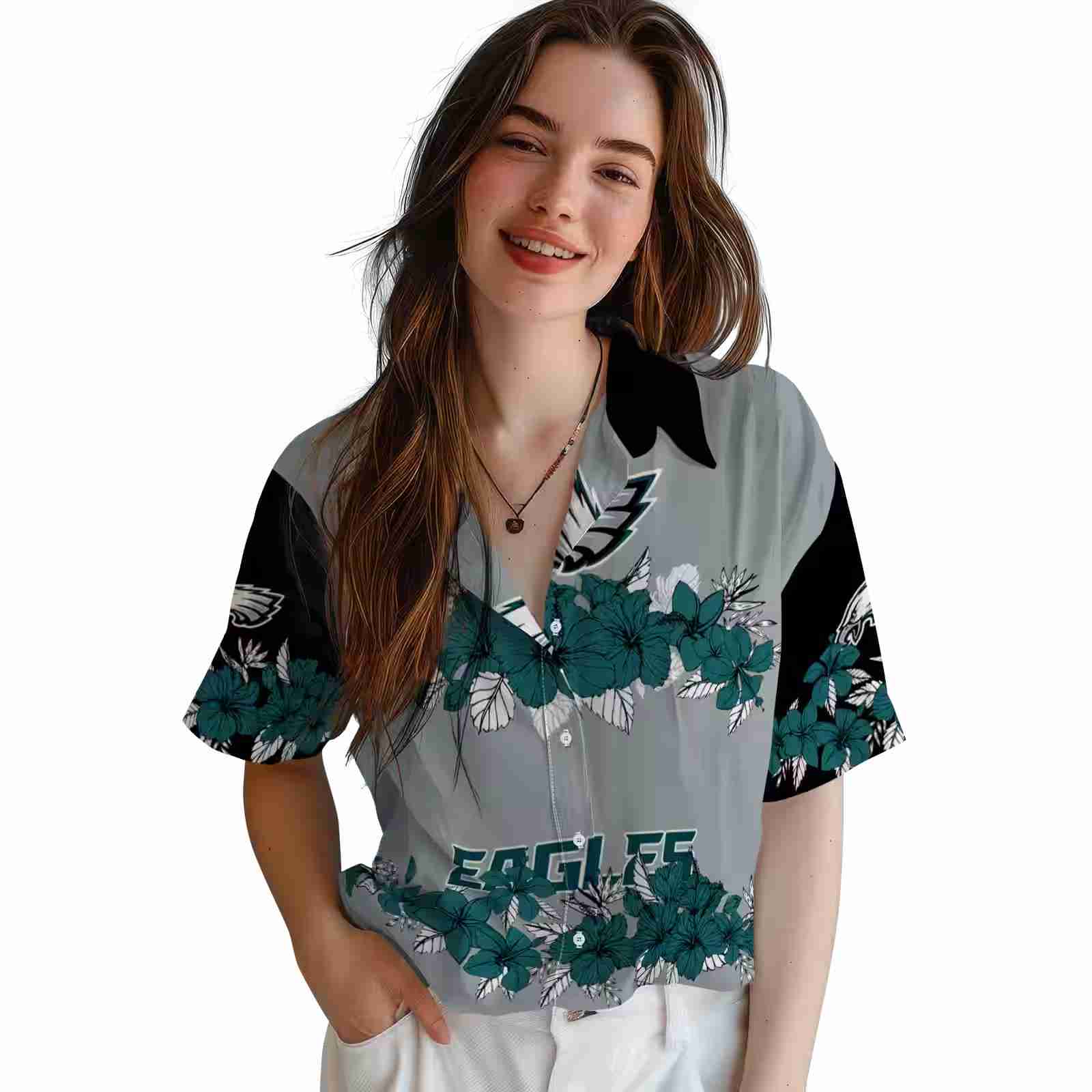 philadelphia eagles hibiscus stripe green black hawaiian shirt latest model