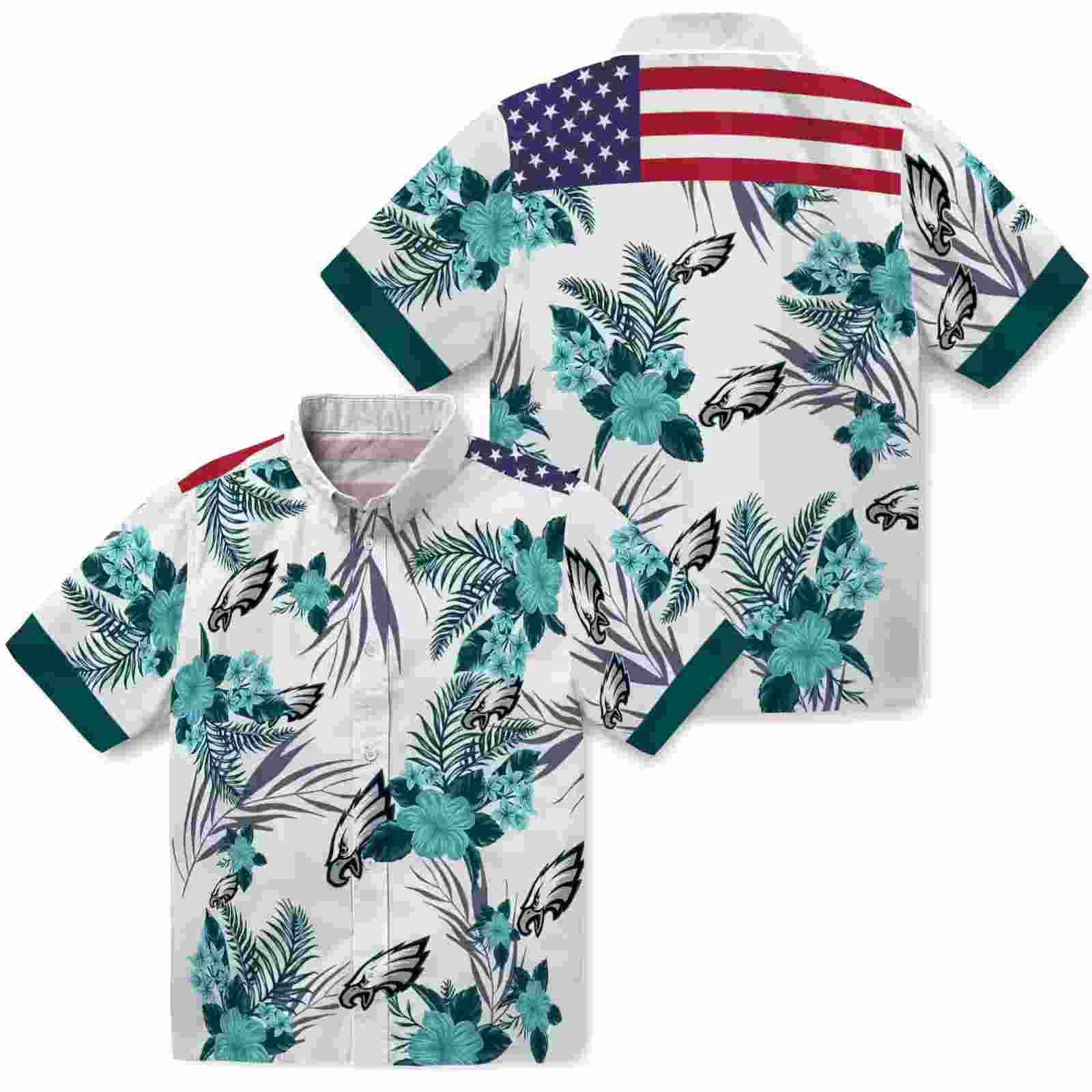 philadelphia eagles patriotic hibiscus design green white hawaiian shirt high quality