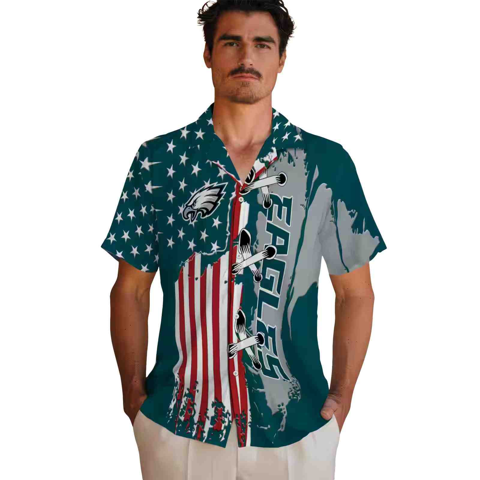 philadelphia eagles stitched flag green hawaiian shirt fashion forward