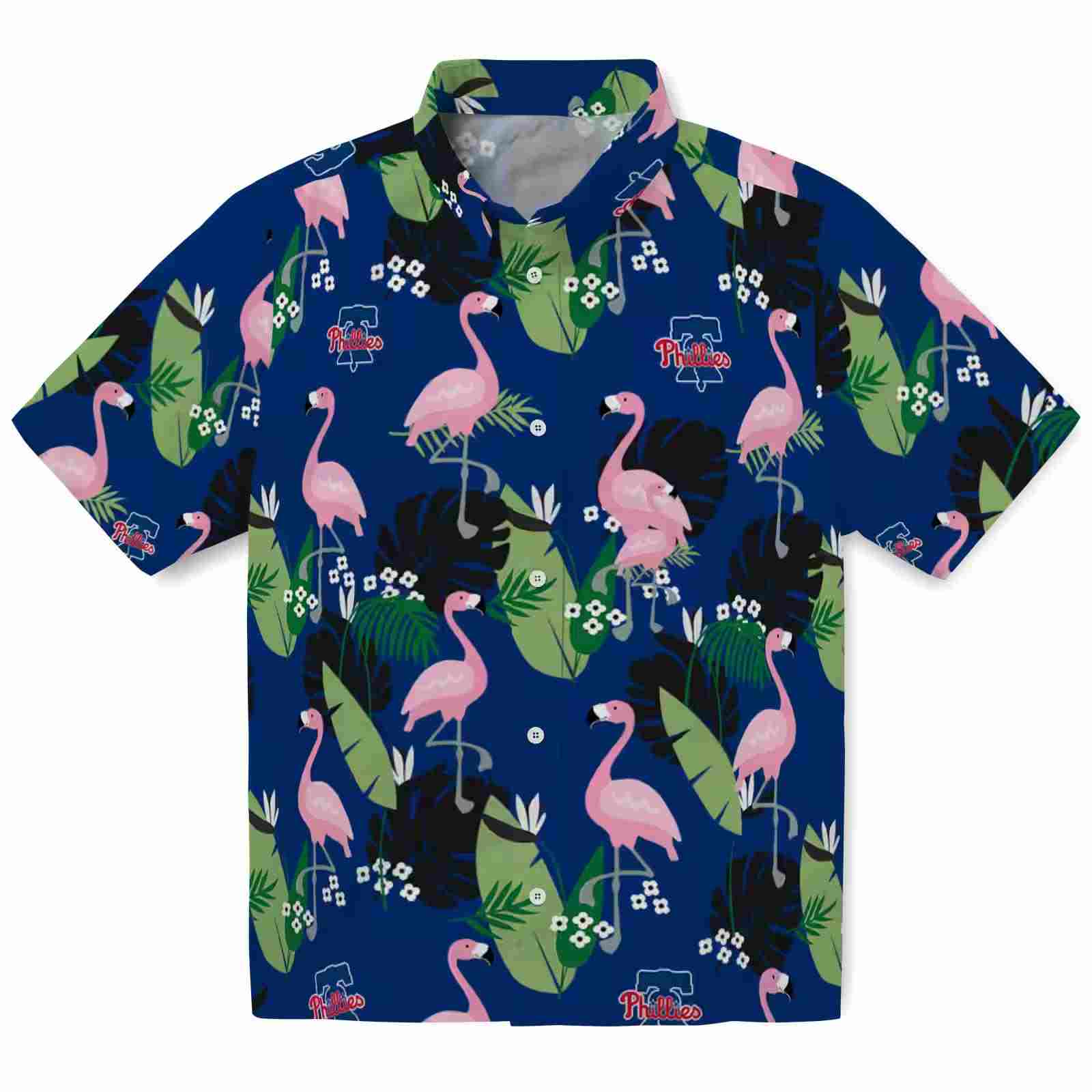 Philadelphia Phillies Flamingo Leaf Motif Blue Hawaiian Shirt