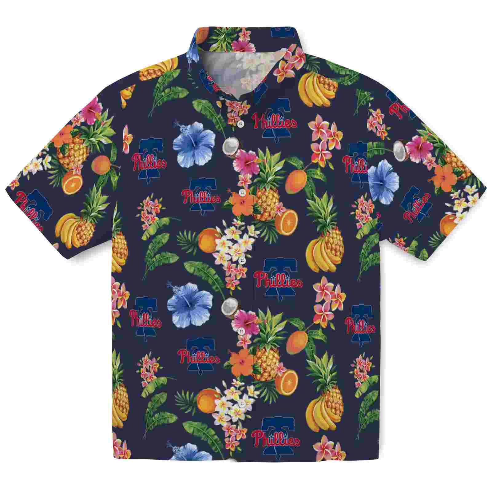 Philadelphia Phillies Hibiscus And Fruit Navy Blue Hawaiian Shirt