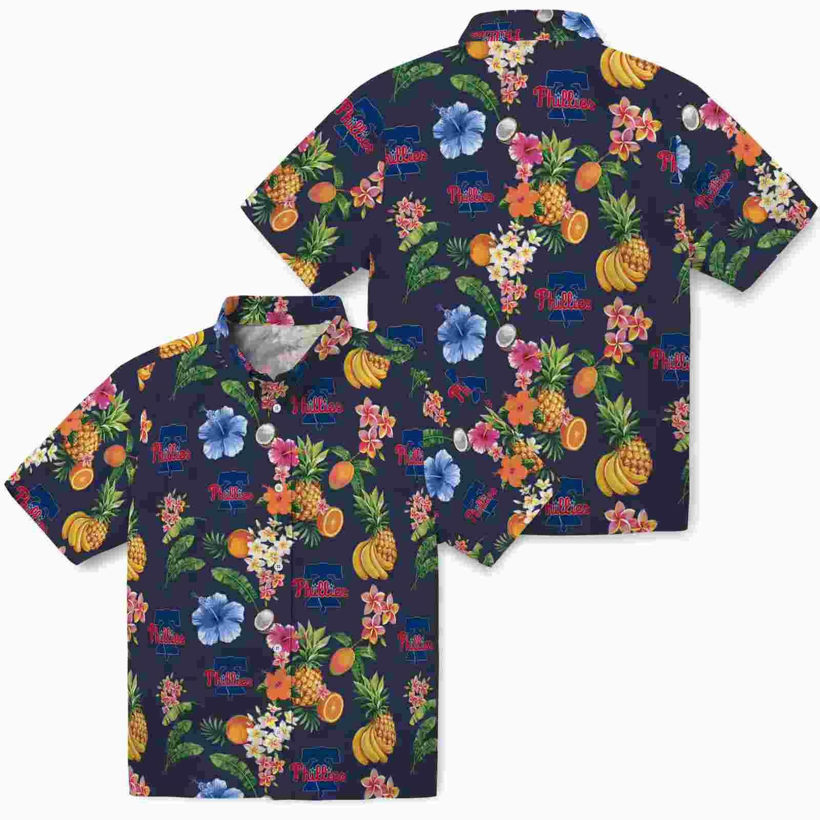 philadelphia phillies hibiscus and fruit navy blue hawaiian shirt high quality