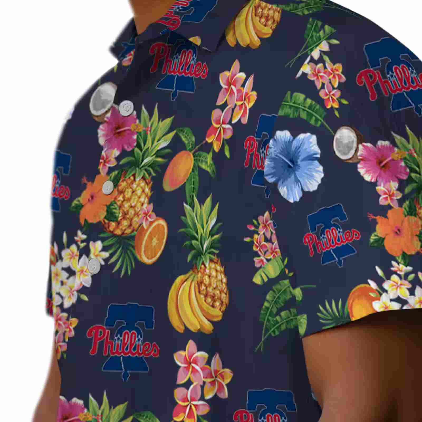 philadelphia phillies hibiscus and fruit navy blue hawaiian shirt trendy