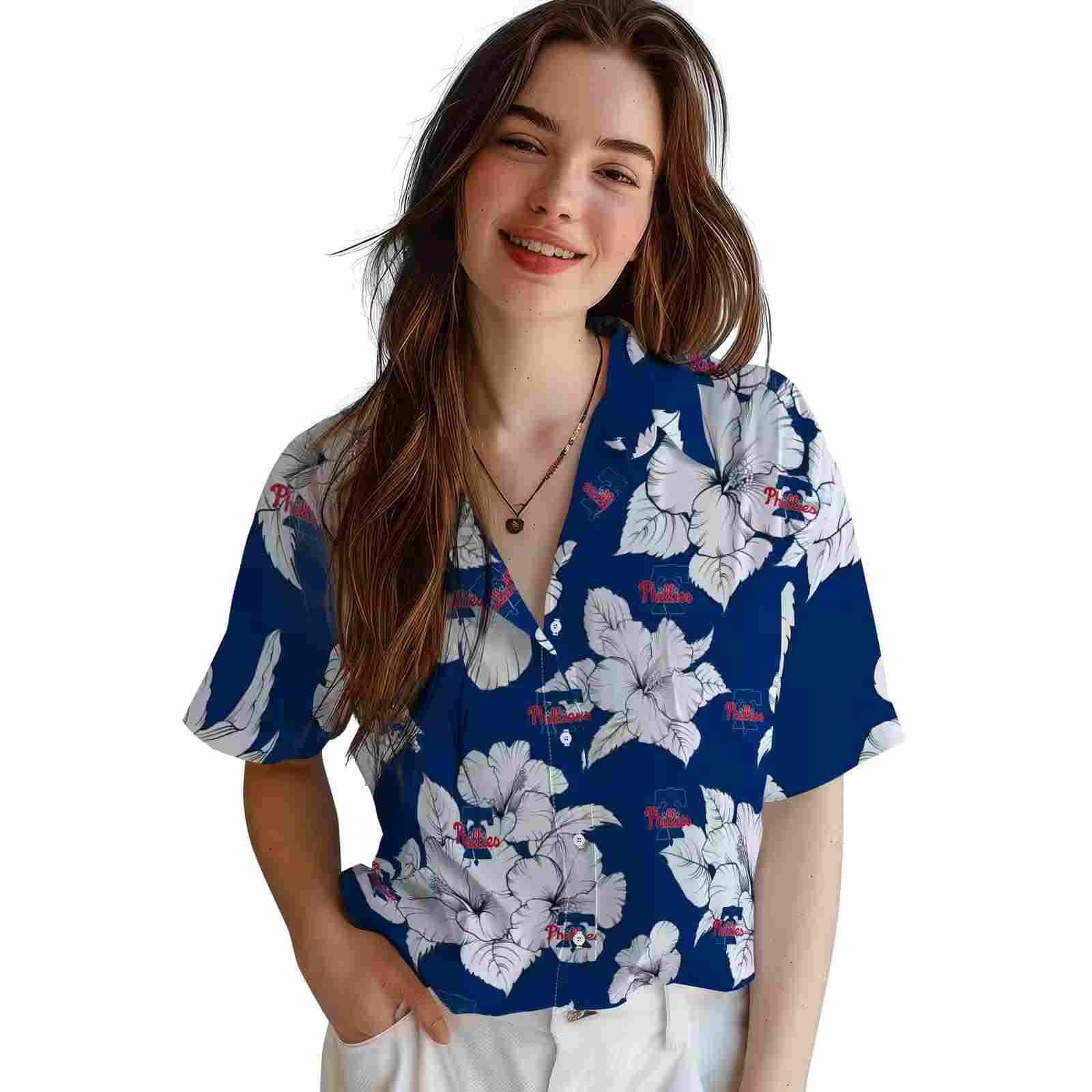 philadelphia phillies hibiscus blooms blue white hawaiian shirt latest model