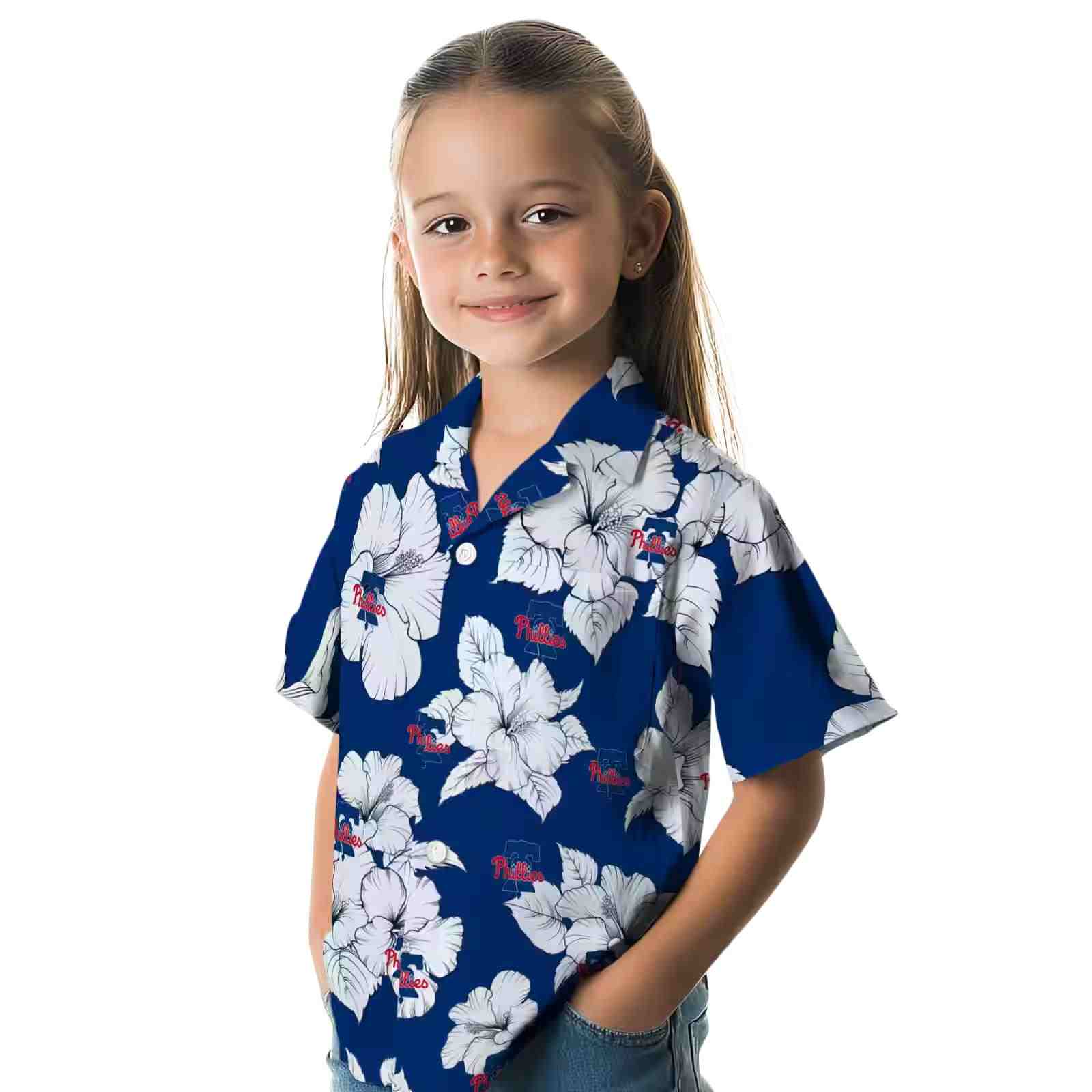 philadelphia phillies hibiscus blooms blue white hawaiian shirt premium grade