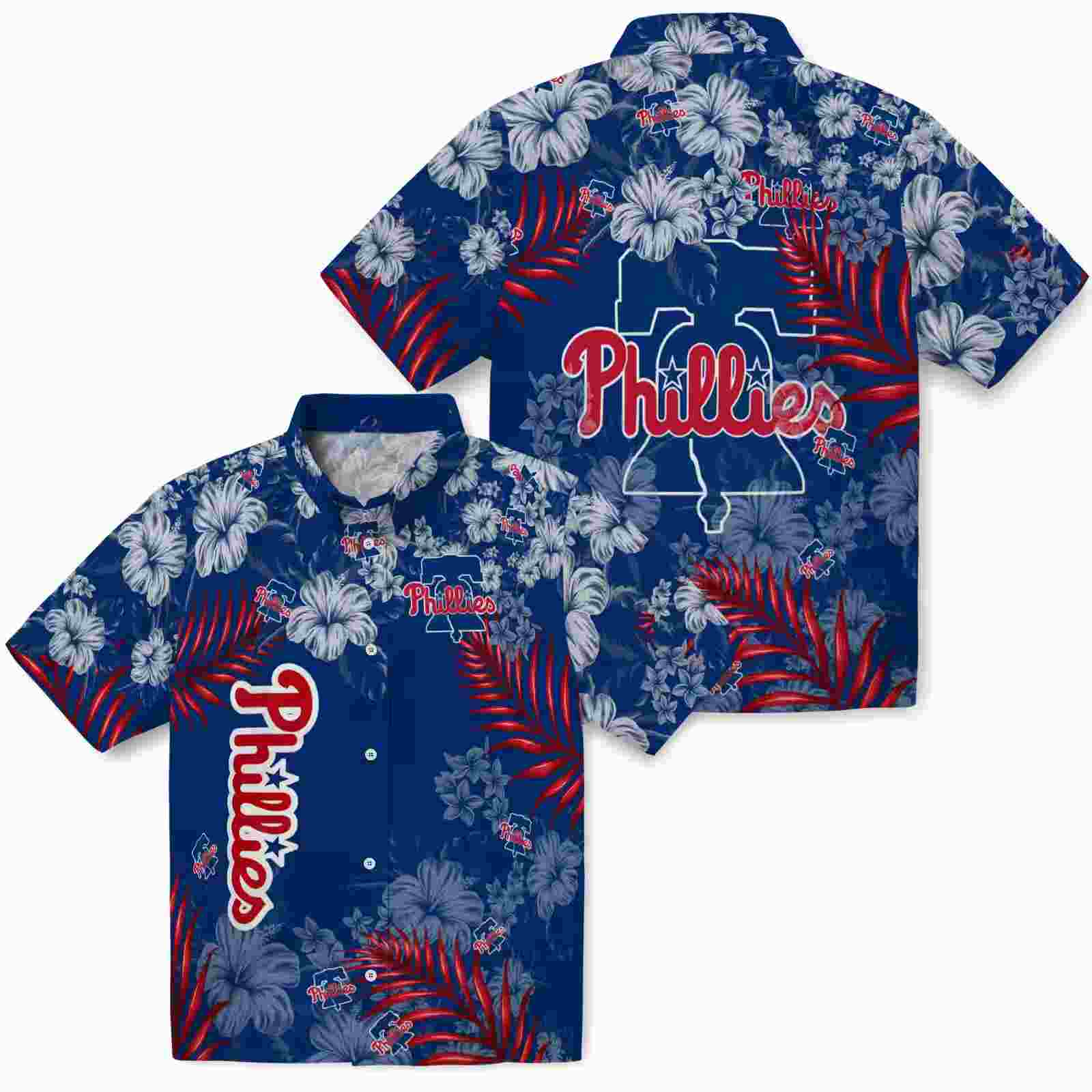 philadelphia phillies hibiscus print blue hawaiian shirt high quality