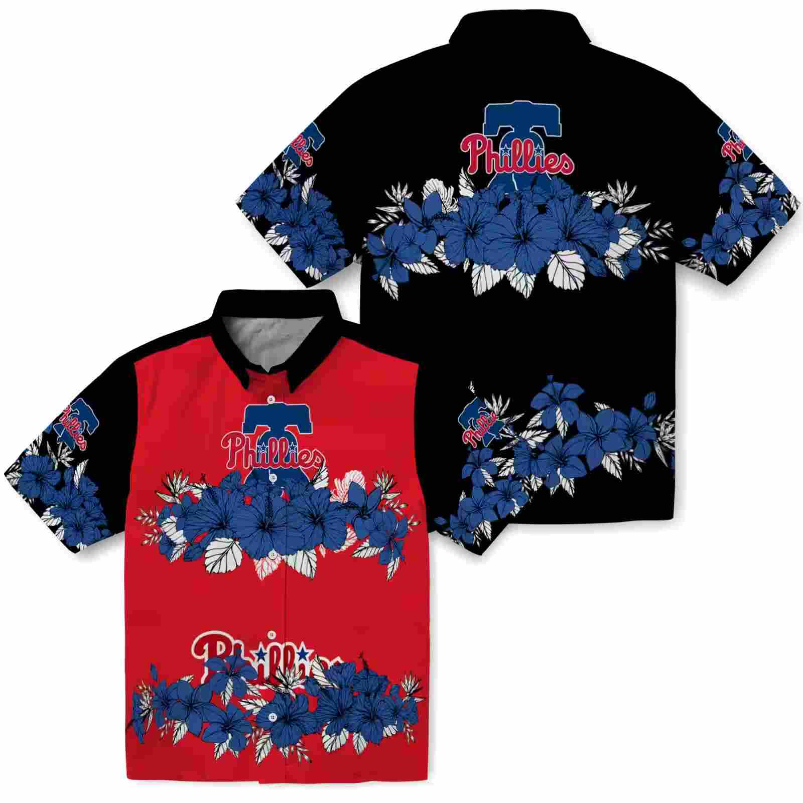 philadelphia phillies hibiscus stripe blue black hawaiian shirt high quality