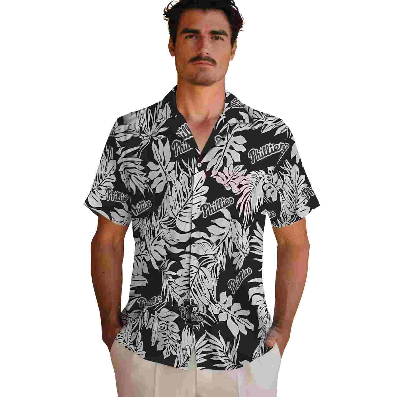 philadelphia phillies monstera leaf pattern black hawaiian shirt fashion forward