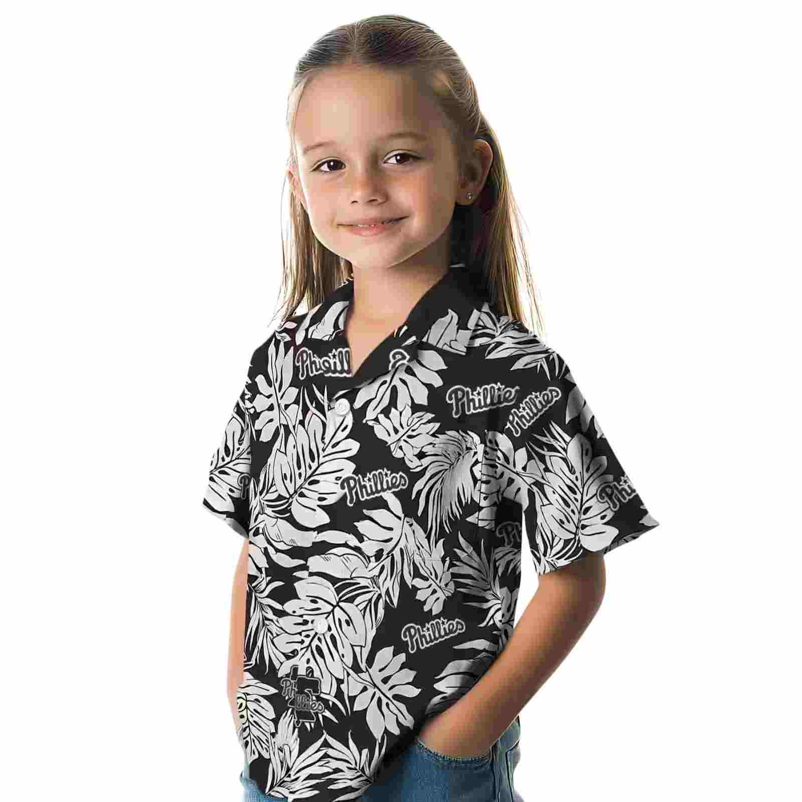 philadelphia phillies monstera leaf pattern black hawaiian shirt premium grade