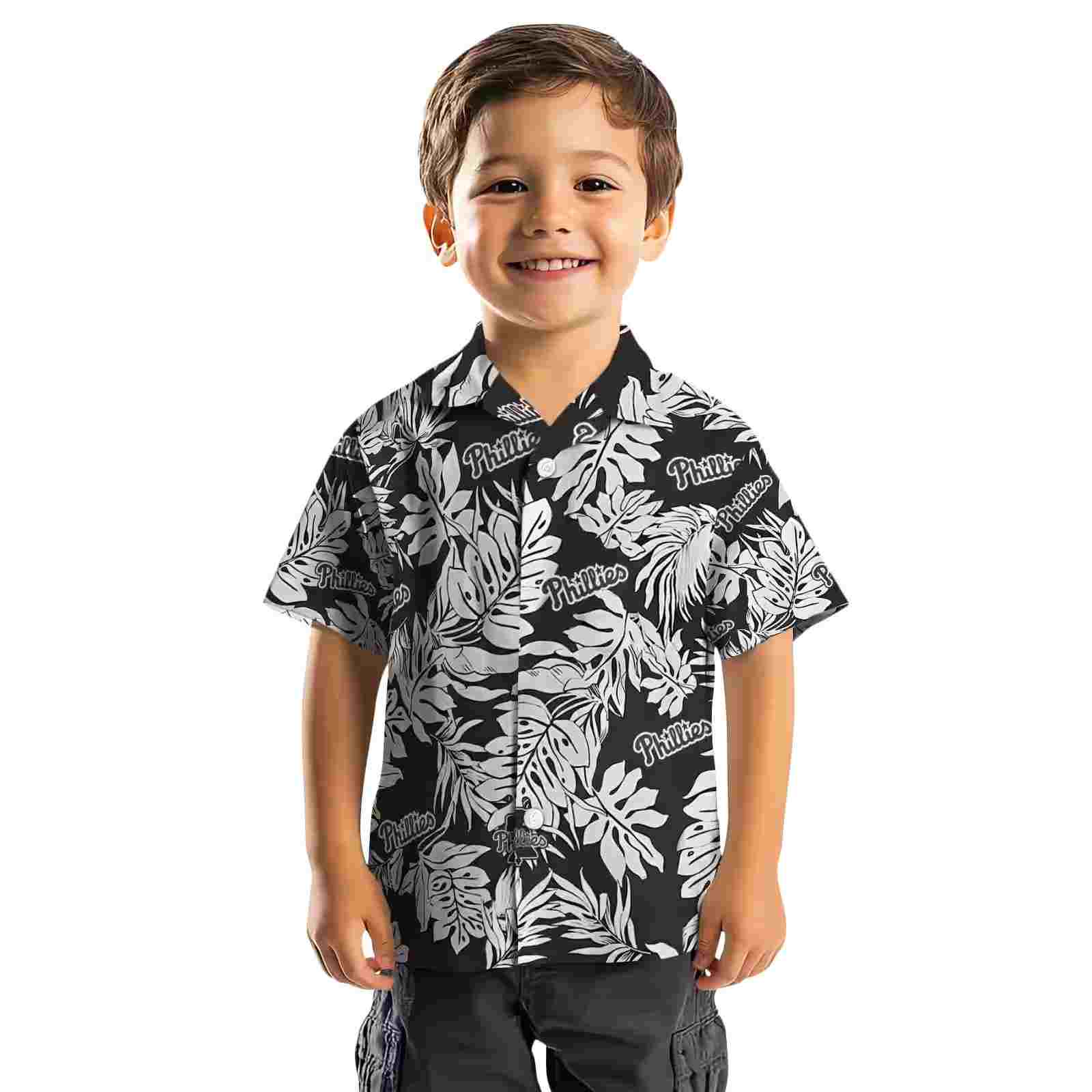 philadelphia phillies monstera leaf pattern black hawaiian shirt top rated