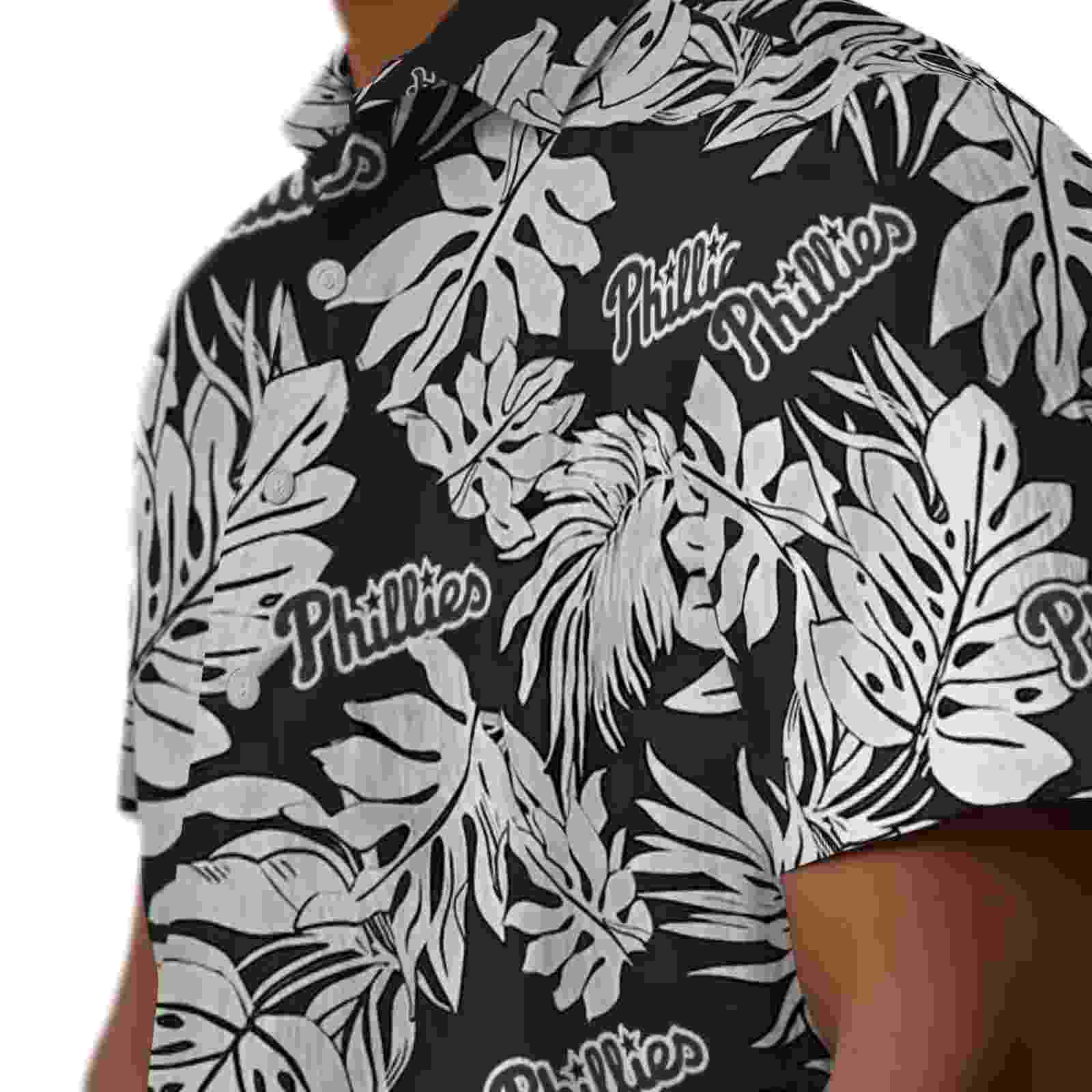 philadelphia phillies monstera leaf pattern black hawaiian shirt trendy