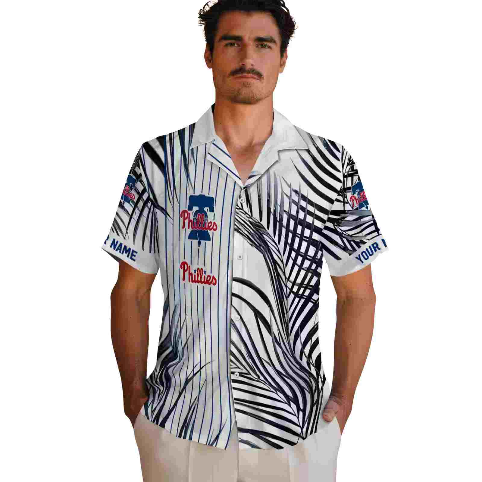 philadelphia phillies palm stripes blue black white hawaiian shirt fashion forward