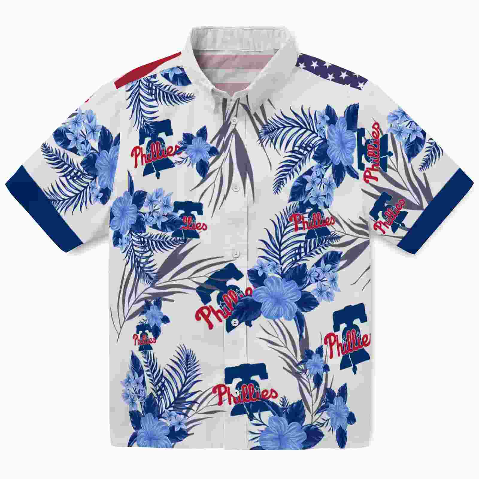 Philadelphia Phillies Patriotic Hibiscus Design Blue White Hawaiian Shirt