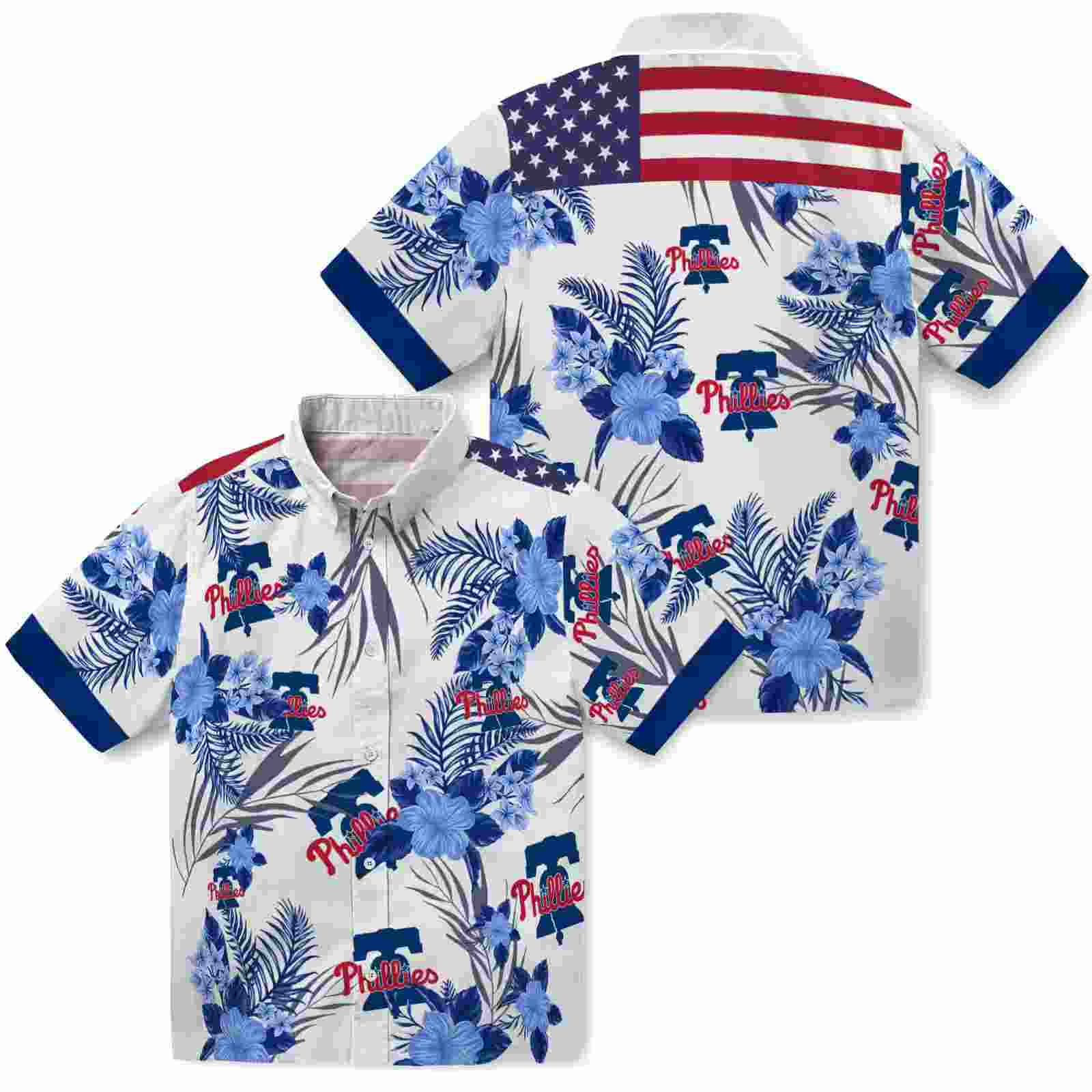 philadelphia phillies patriotic hibiscus design blue white hawaiian shirt high quality