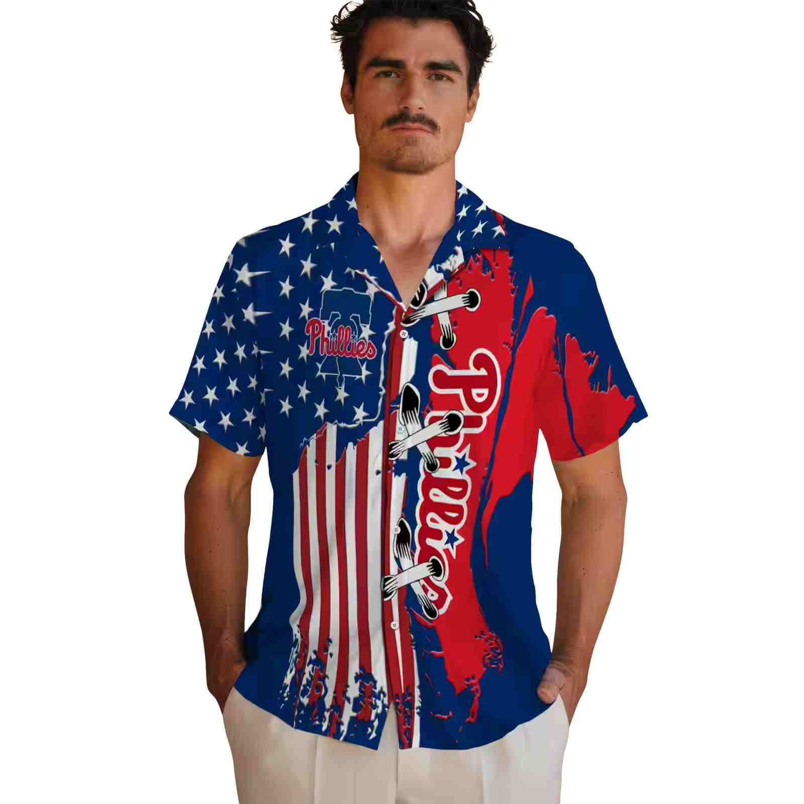 philadelphia phillies stitched flag blue hawaiian shirt fashion forward