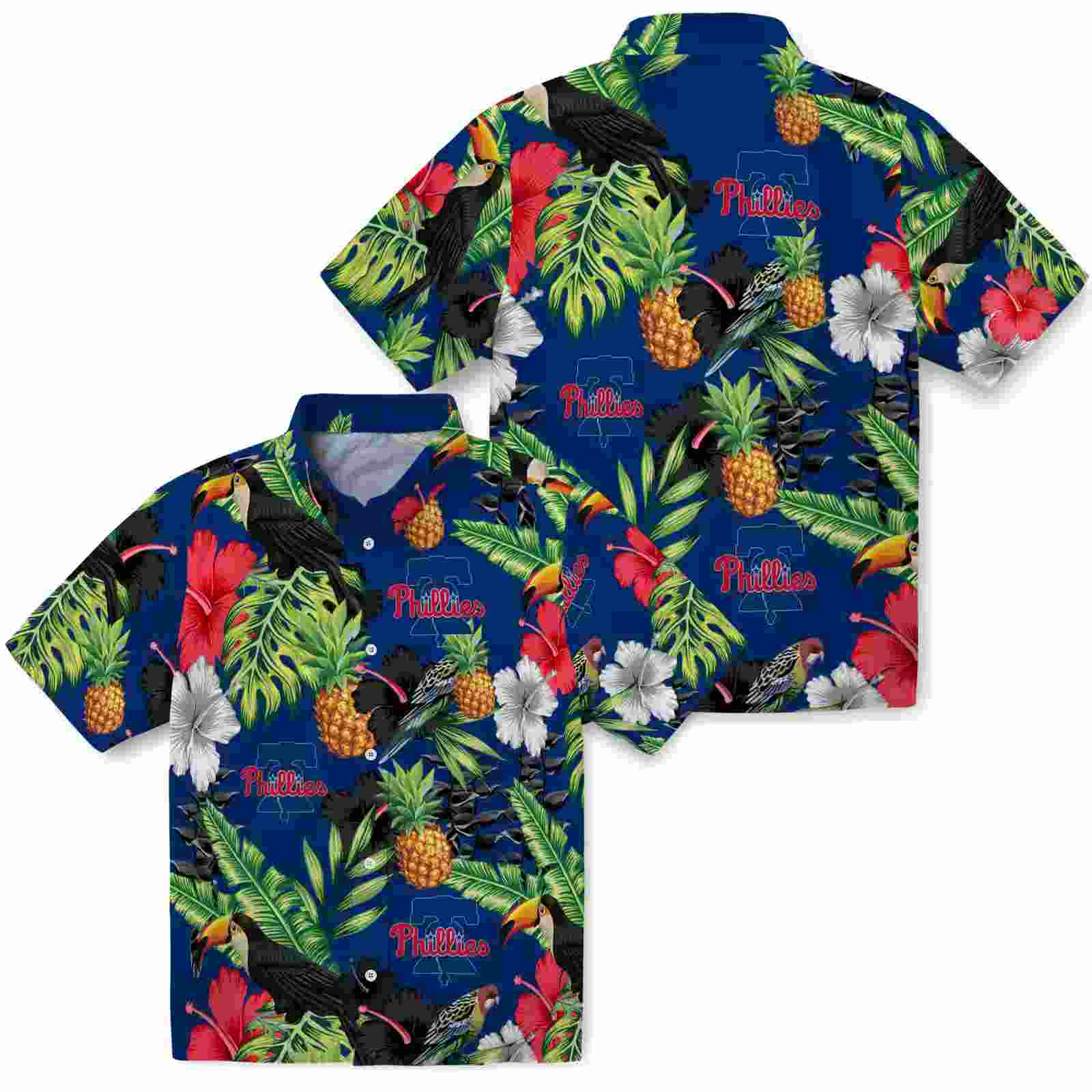 philadelphia phillies toucan hibiscus pineapple blue green hawaiian shirt high quality