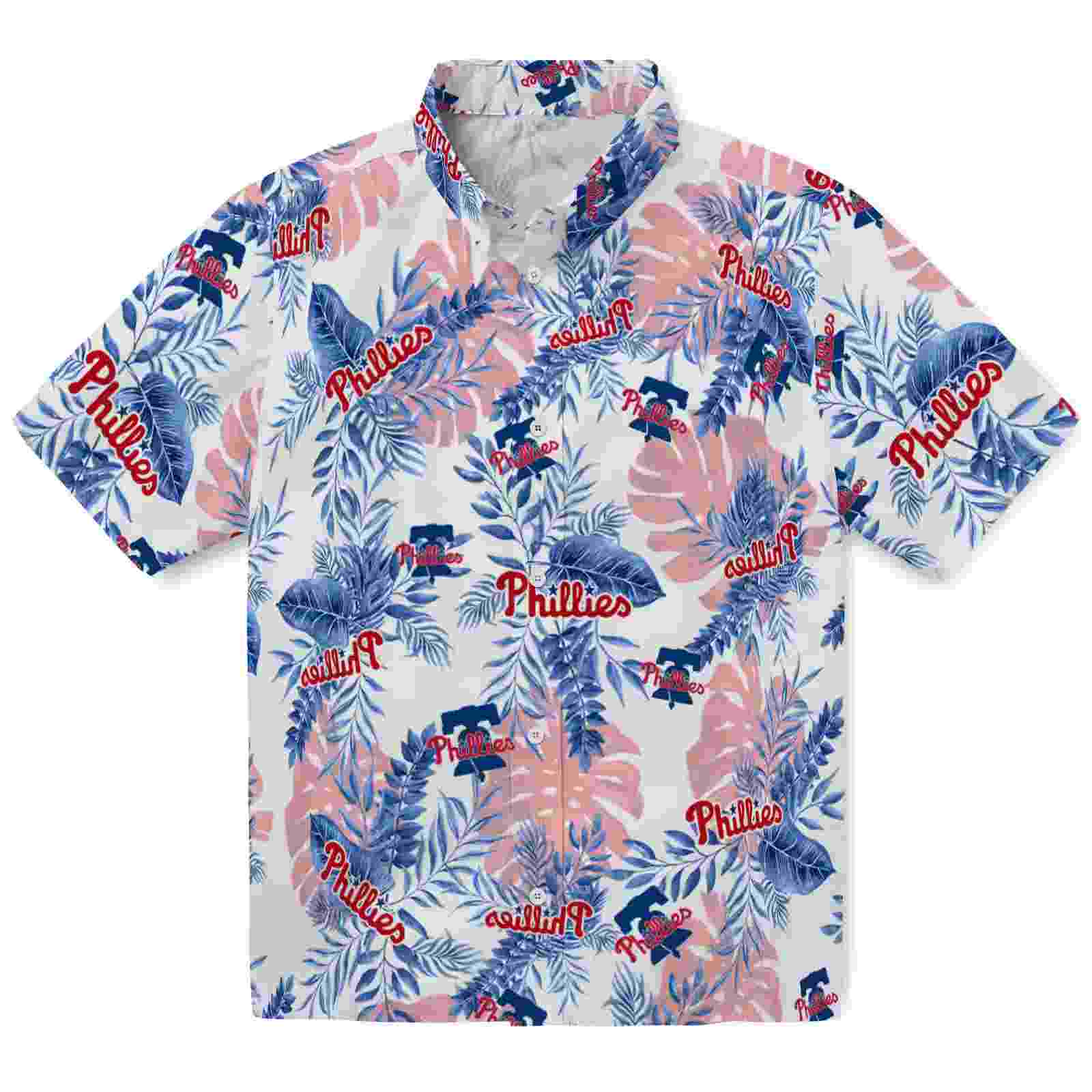 Philadelphia Phillies Tropical Leaves White Hawaiian Shirt