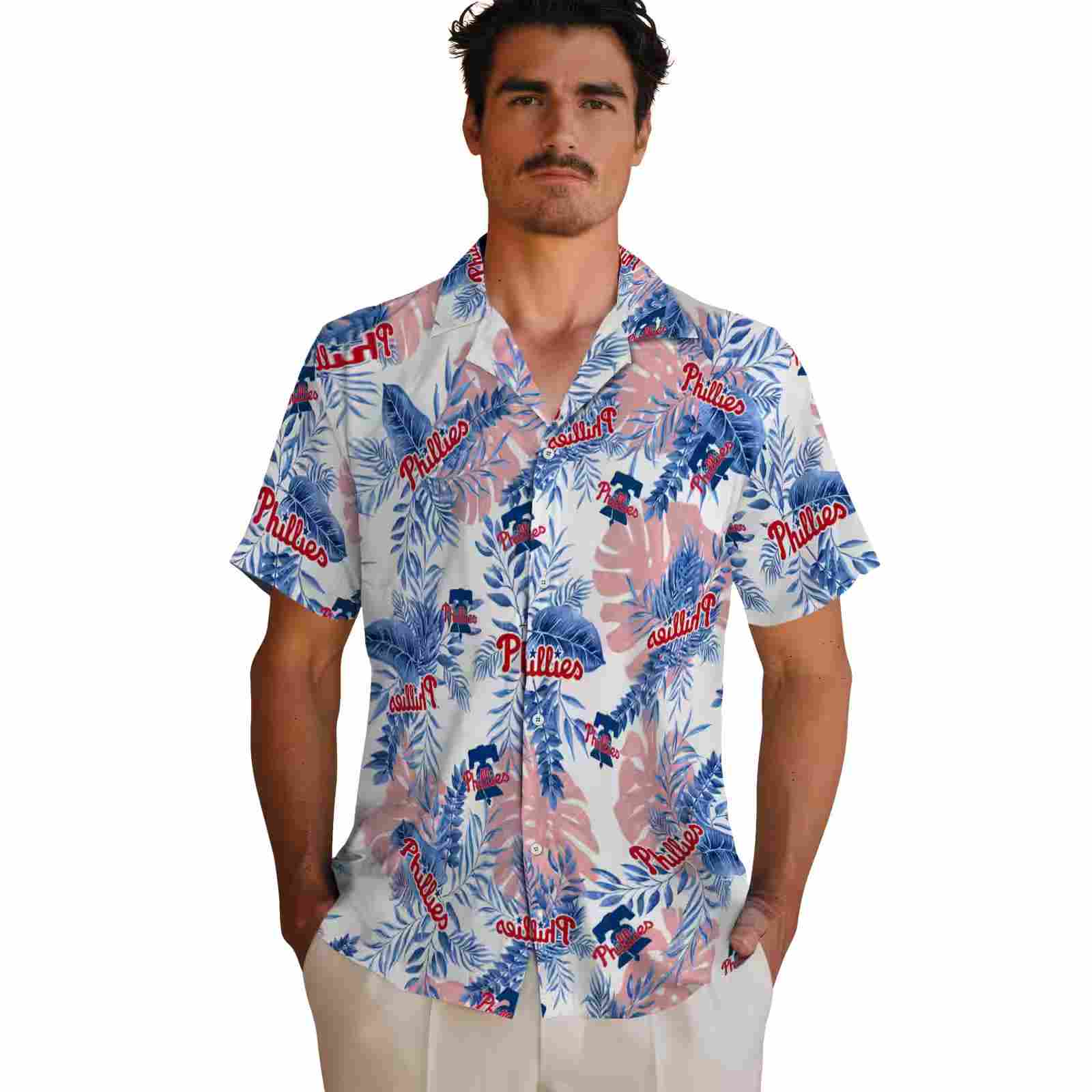 philadelphia phillies tropical leaves white hawaiian shirt fashion forward