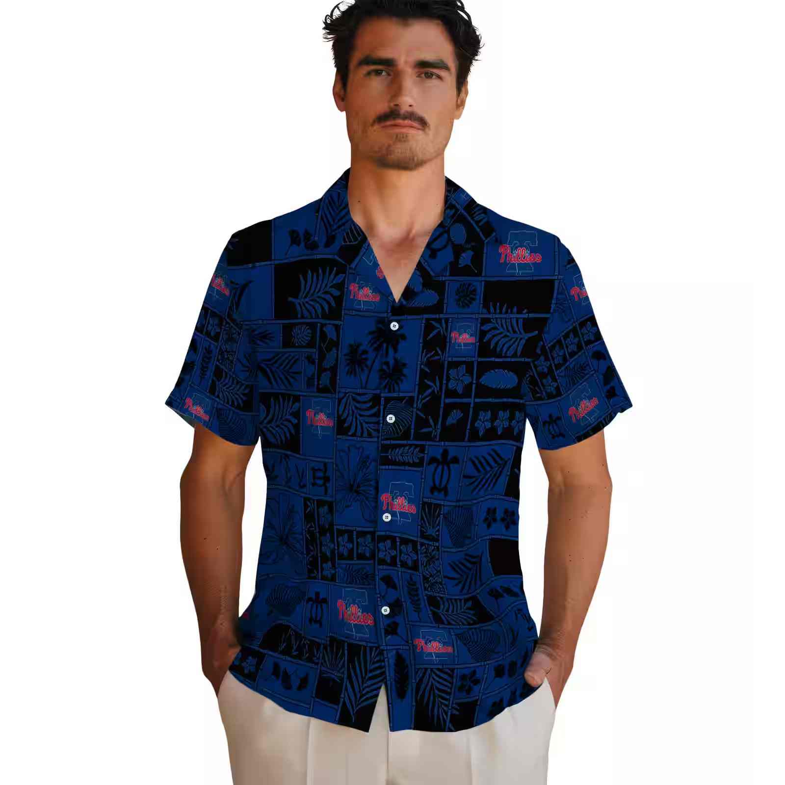 philadelphia phillies tropical patchwork blue black hawaiian shirt fashion forward