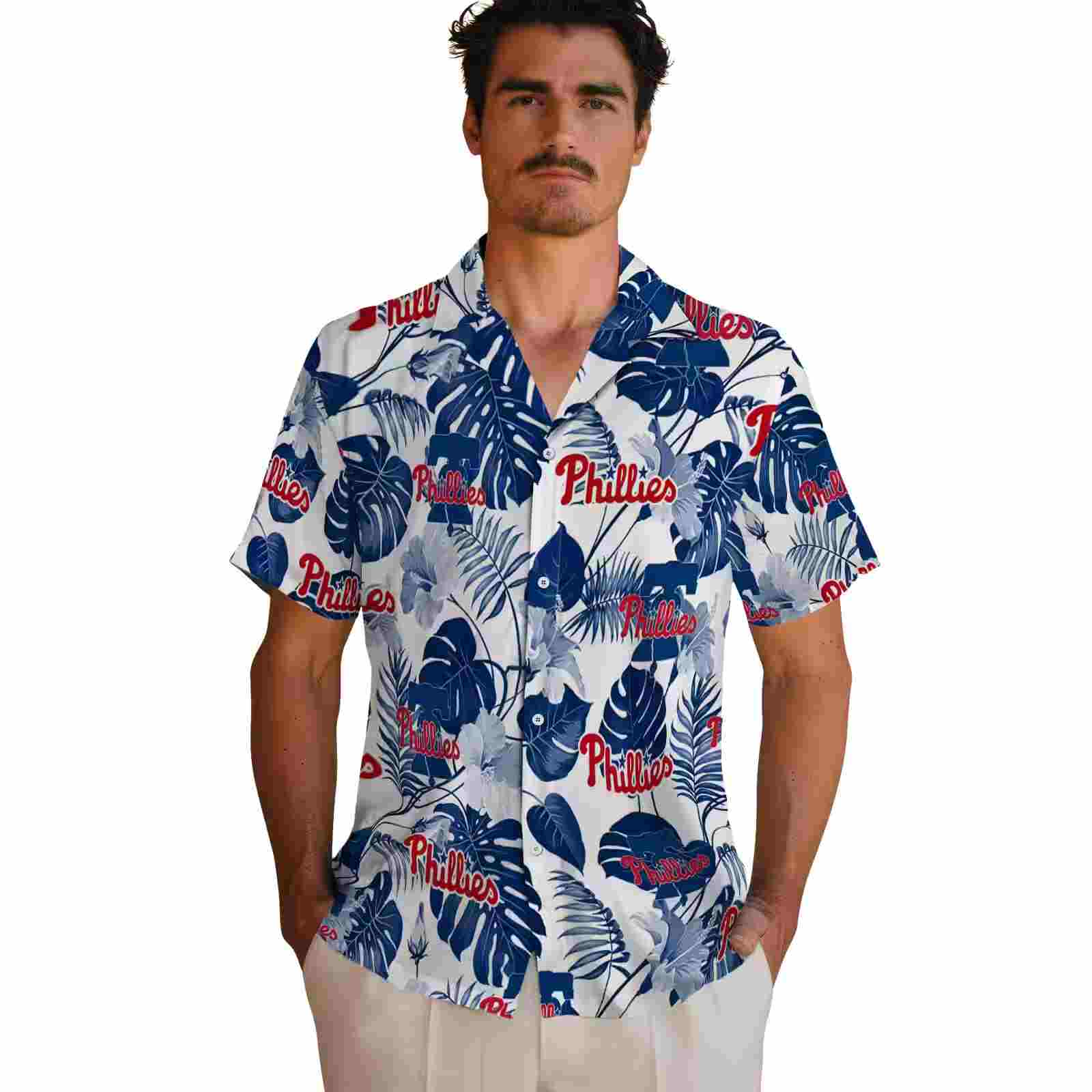 philadelphia phillies tropical plants blue white hawaiian shirt fashion forward