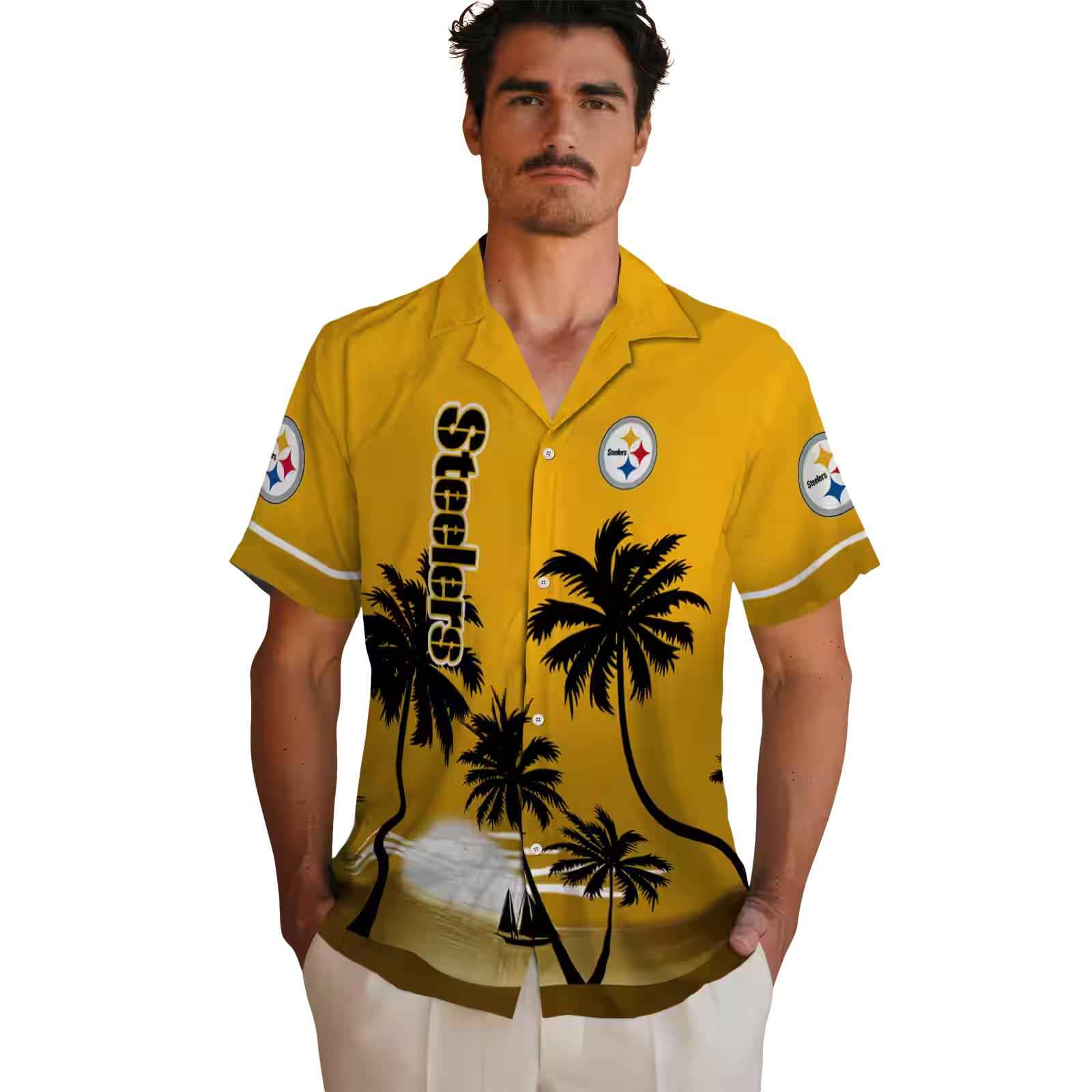 pittsburgh steelers beach sunset gold black hawaiian shirt fashion forward