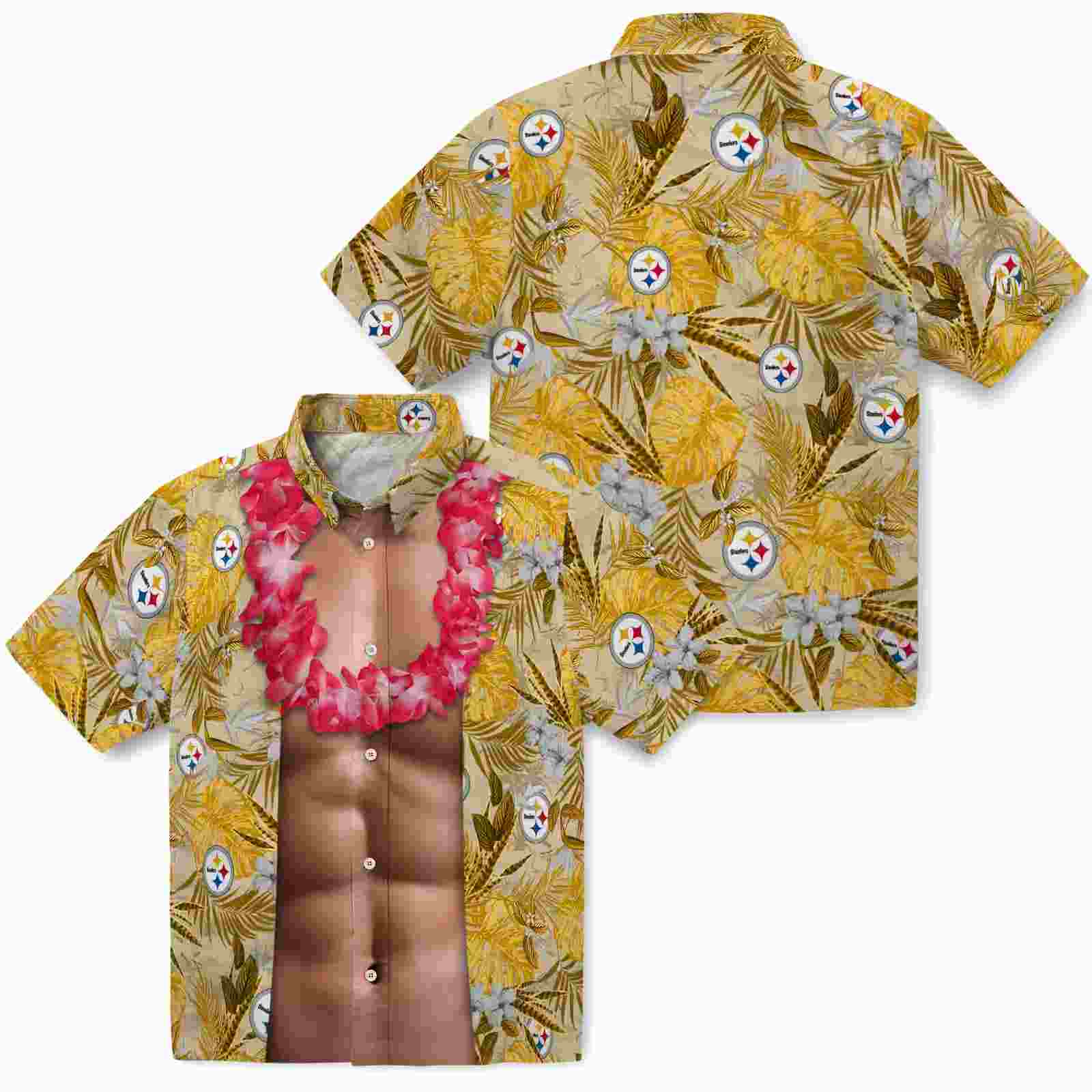 pittsburgh steelers chest illusion gold hawaiian shirt high quality