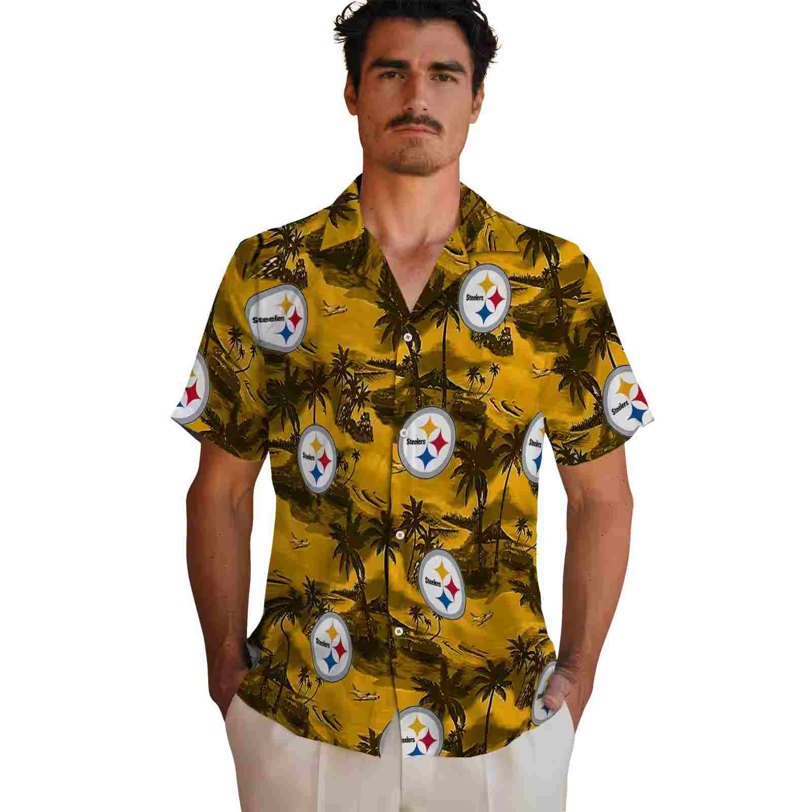 pittsburgh steelers coastal palms gold hawaiian shirt fashion forward