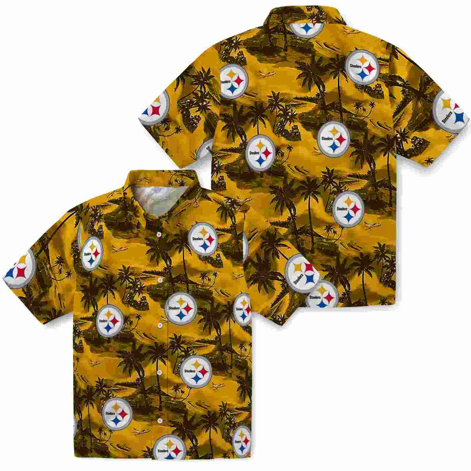 pittsburgh steelers coastal palms gold hawaiian shirt high quality