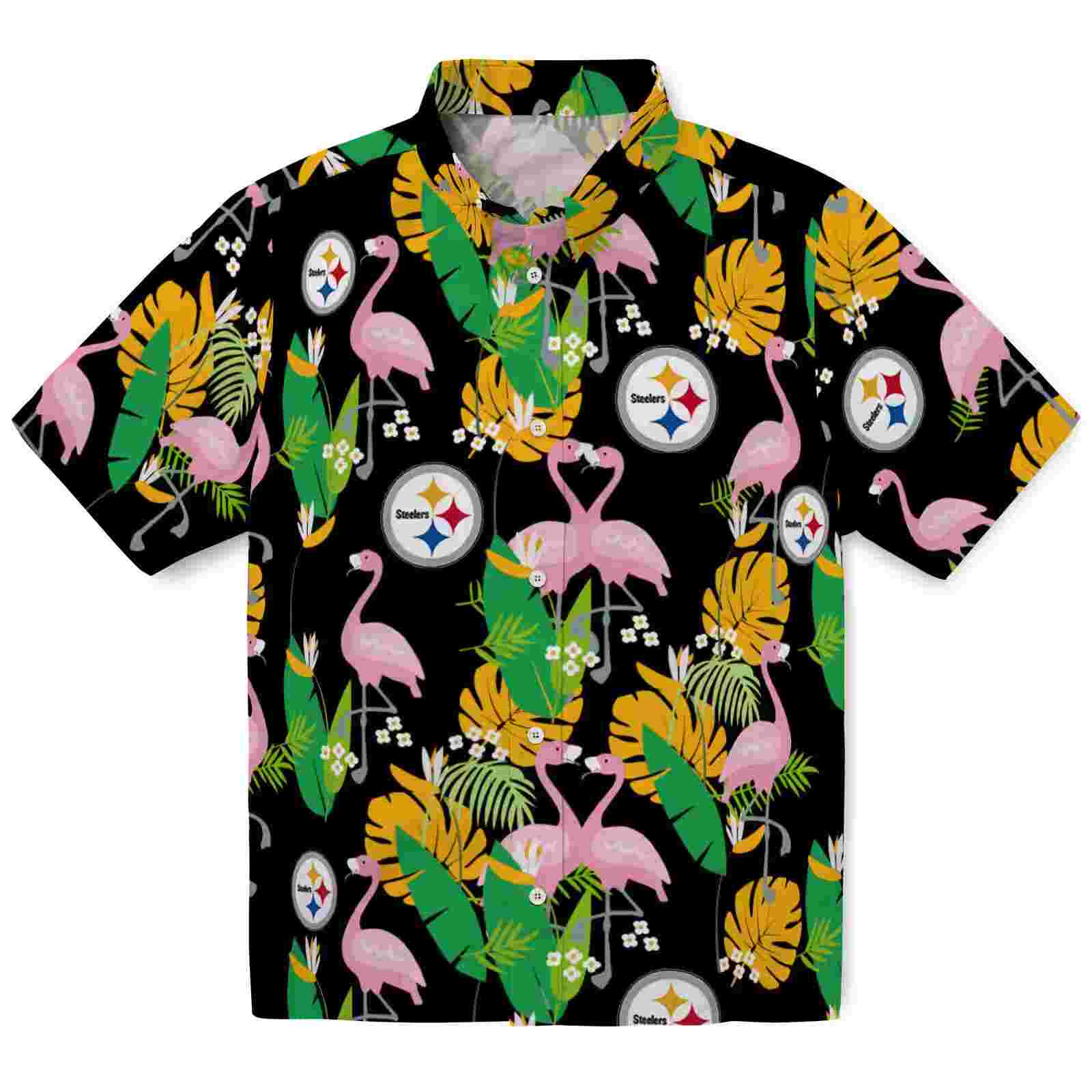 Pittsburgh Steelers Flamingo Foliage Gold Green Hawaiian Shirt