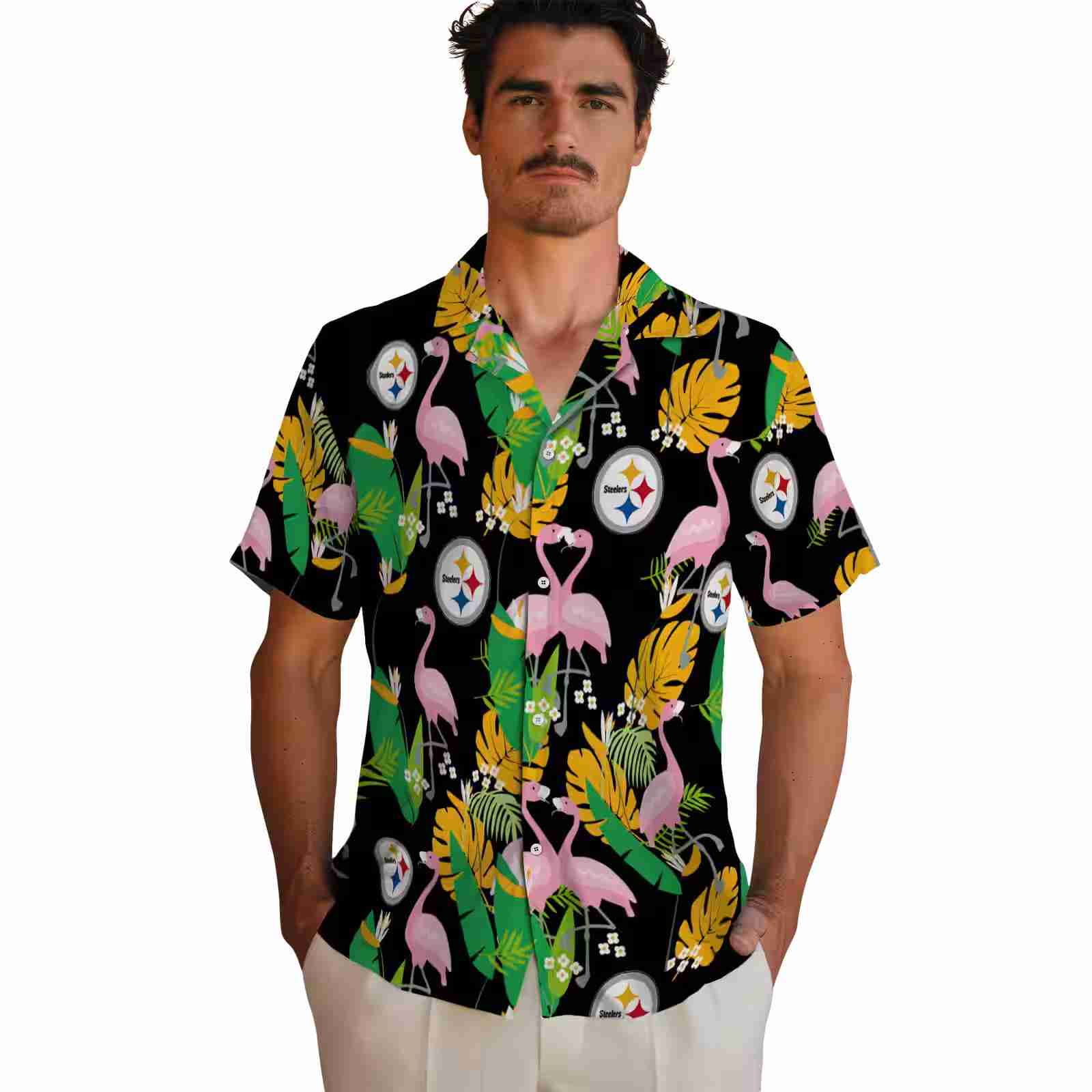 pittsburgh steelers flamingo foliage gold green hawaiian shirt fashion forward