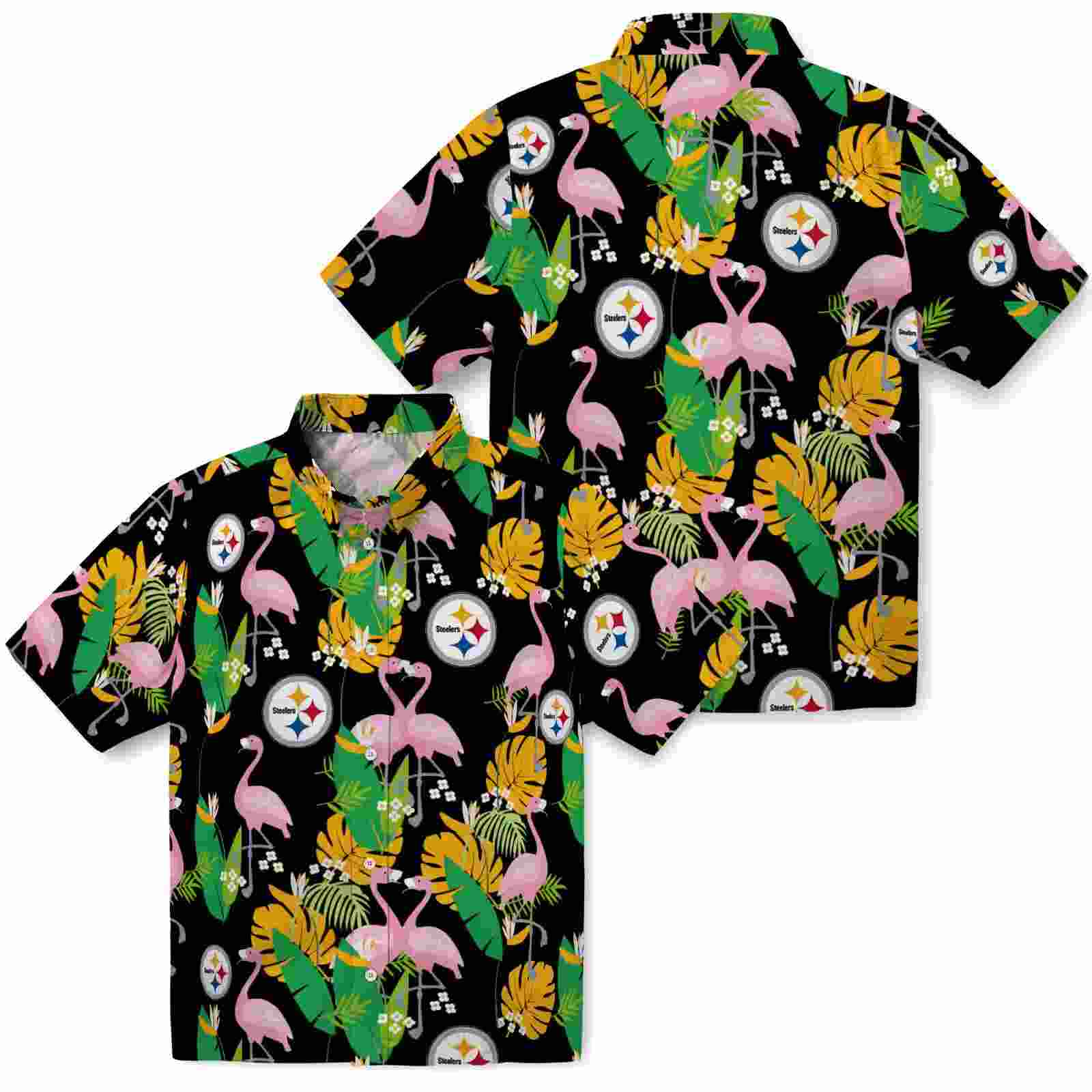 pittsburgh steelers flamingo foliage gold green hawaiian shirt high quality