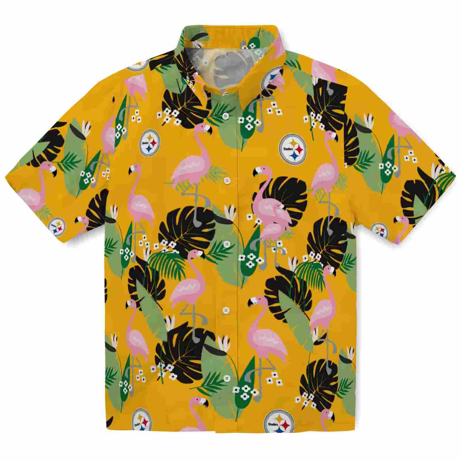 Pittsburgh Steelers Flamingo Leaf Motif Gold Hawaiian Shirt