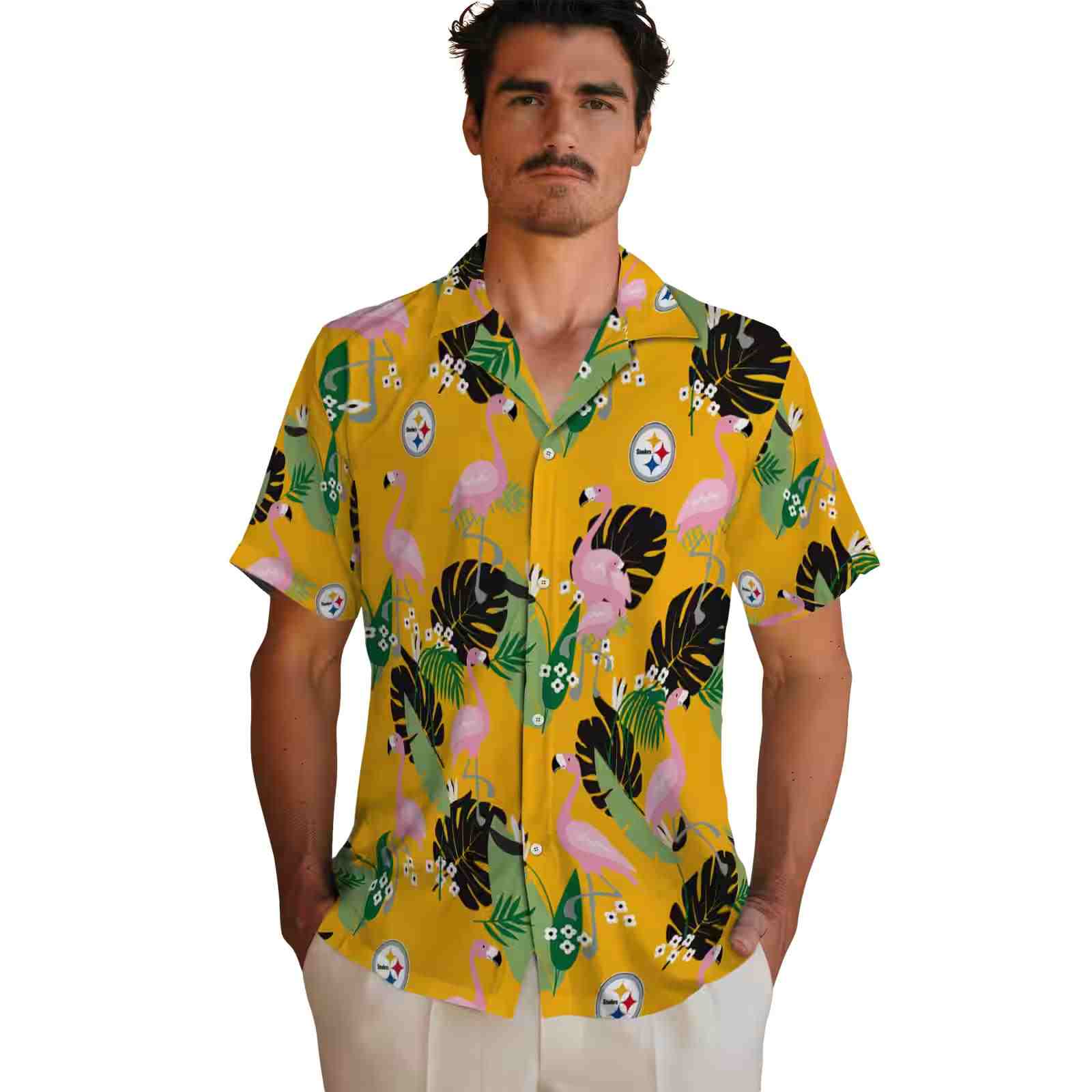 pittsburgh steelers flamingo leaf motif gold hawaiian shirt fashion forward