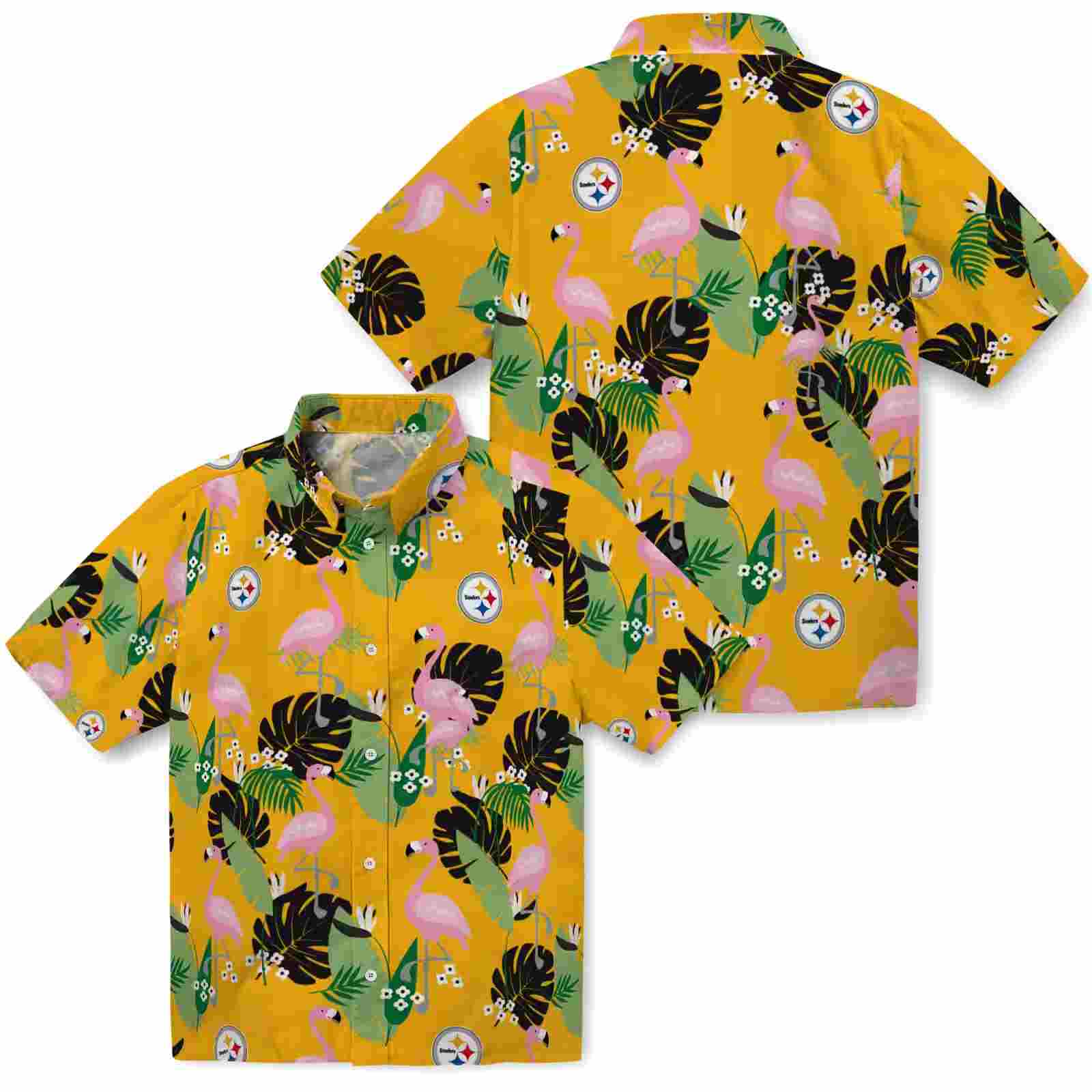 pittsburgh steelers flamingo leaf motif gold hawaiian shirt high quality