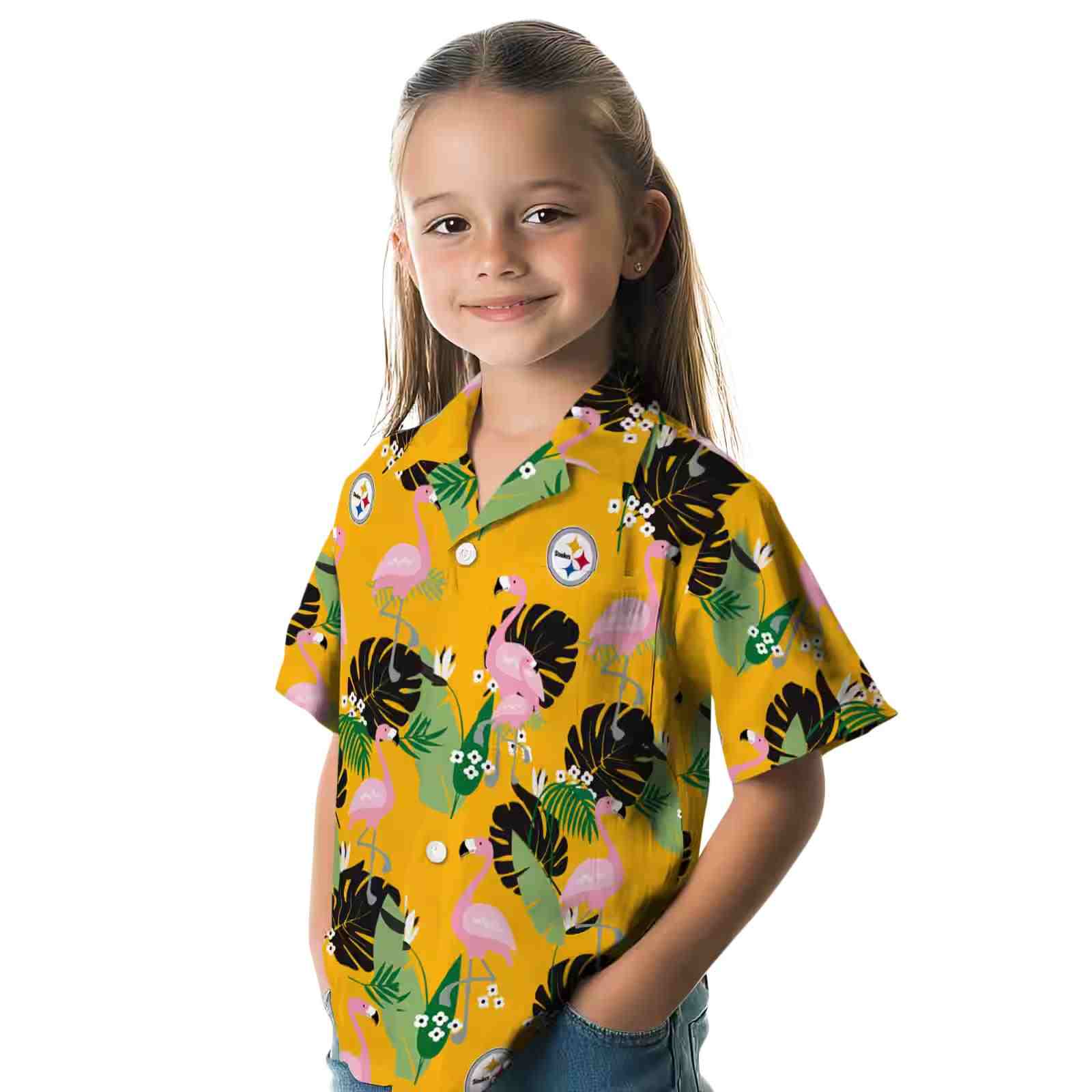 pittsburgh steelers flamingo leaf motif gold hawaiian shirt premium grade