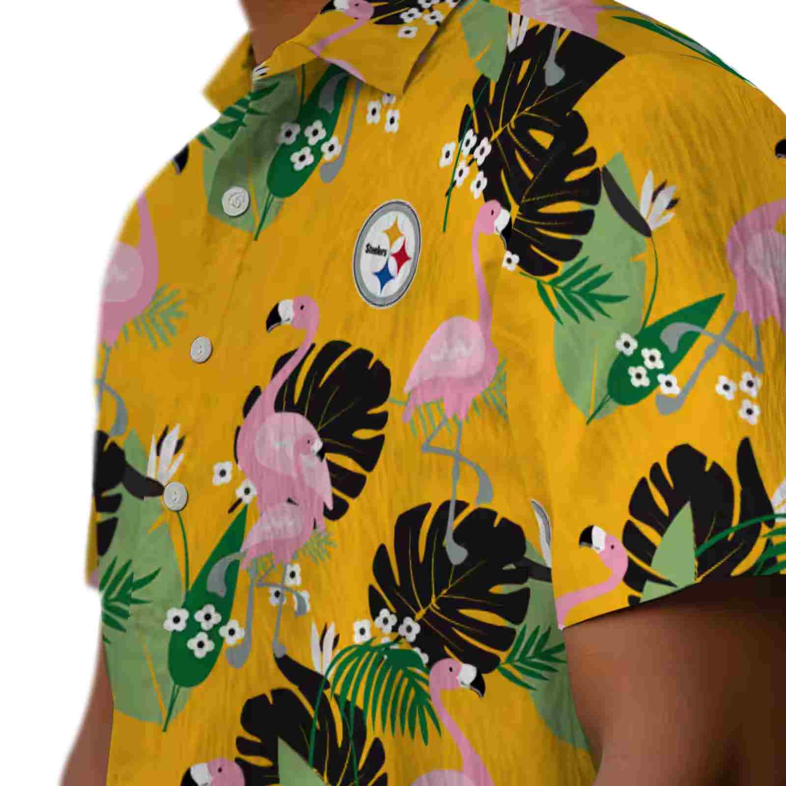 pittsburgh steelers flamingo leaf motif gold hawaiian shirt trendy