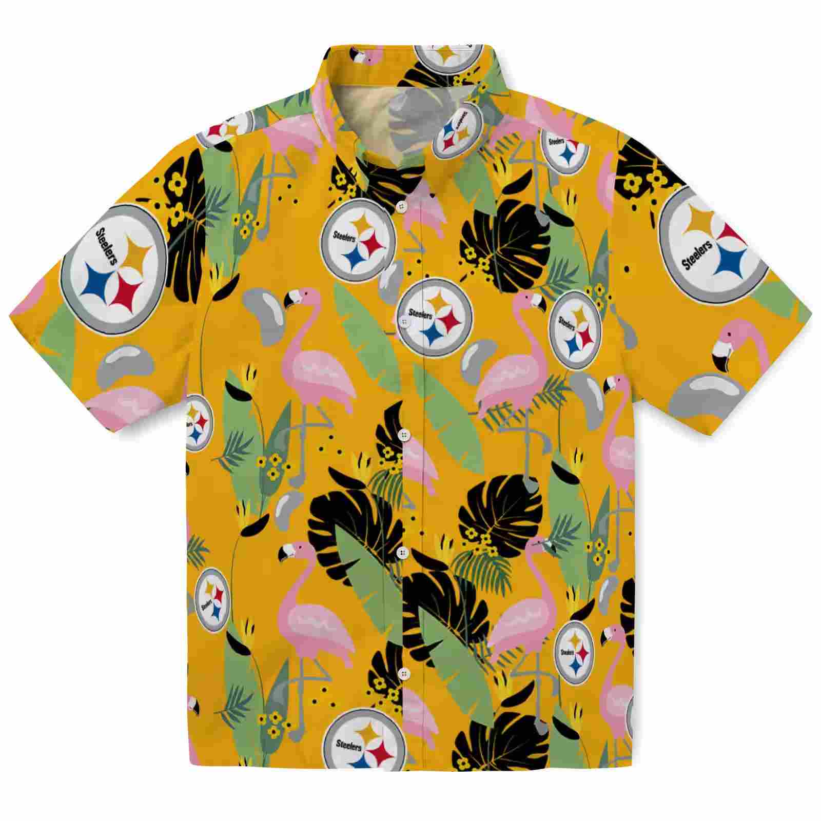 Pittsburgh Steelers Flamingo Leaves Gold Hawaiian Shirt