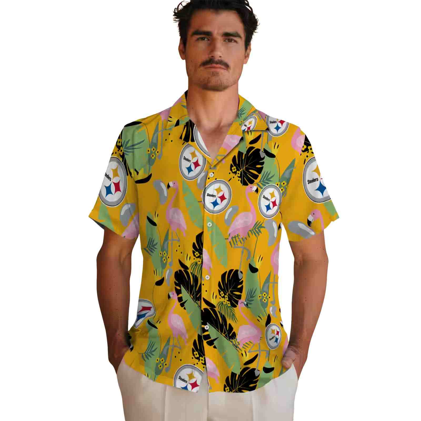 pittsburgh steelers flamingo leaves gold hawaiian shirt fashion forward