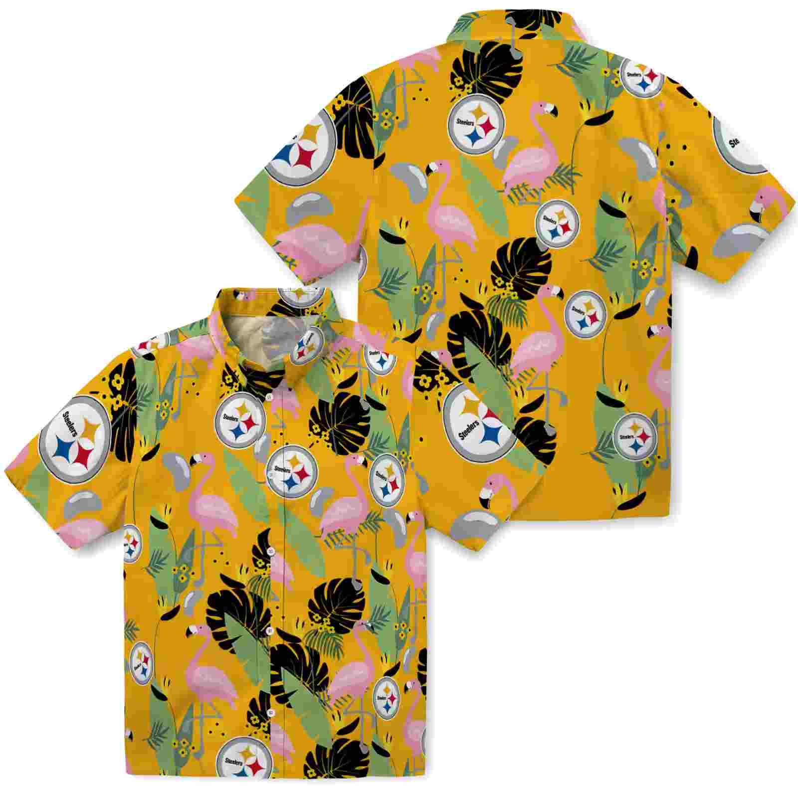 pittsburgh steelers flamingo leaves gold hawaiian shirt high quality