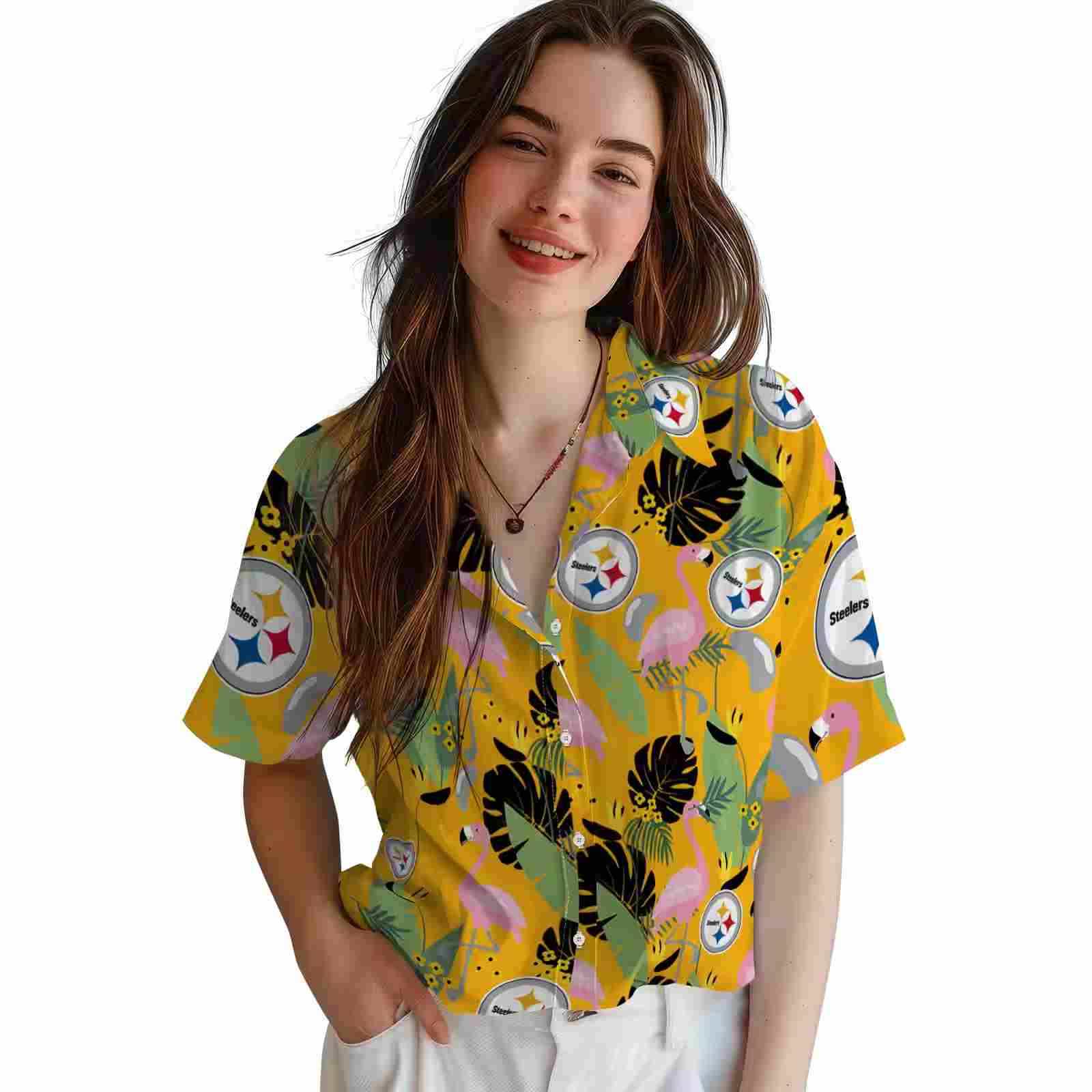 pittsburgh steelers flamingo leaves gold hawaiian shirt latest model