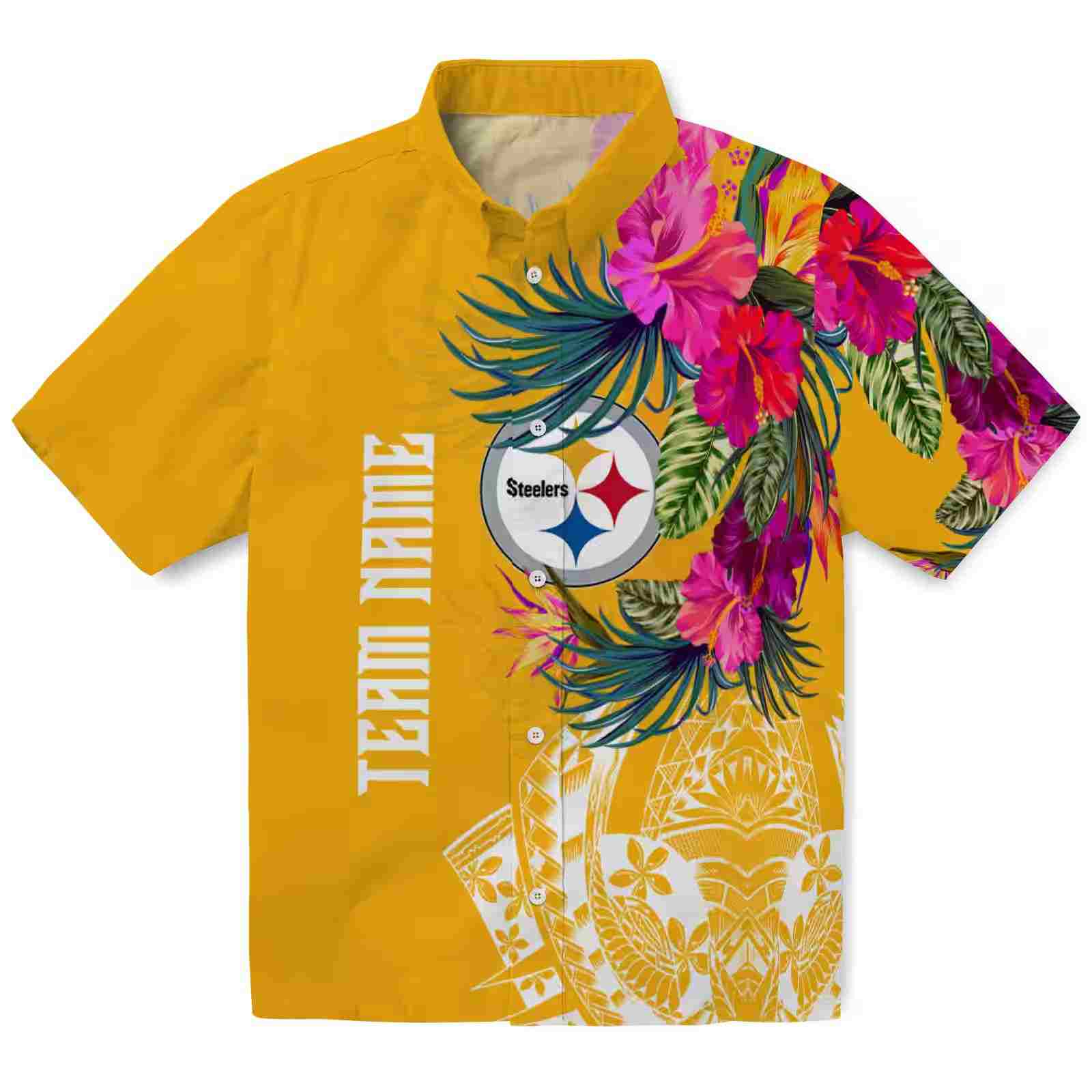 Pittsburgh Steelers Floral Polynesian Gold Hawaiian Shirt