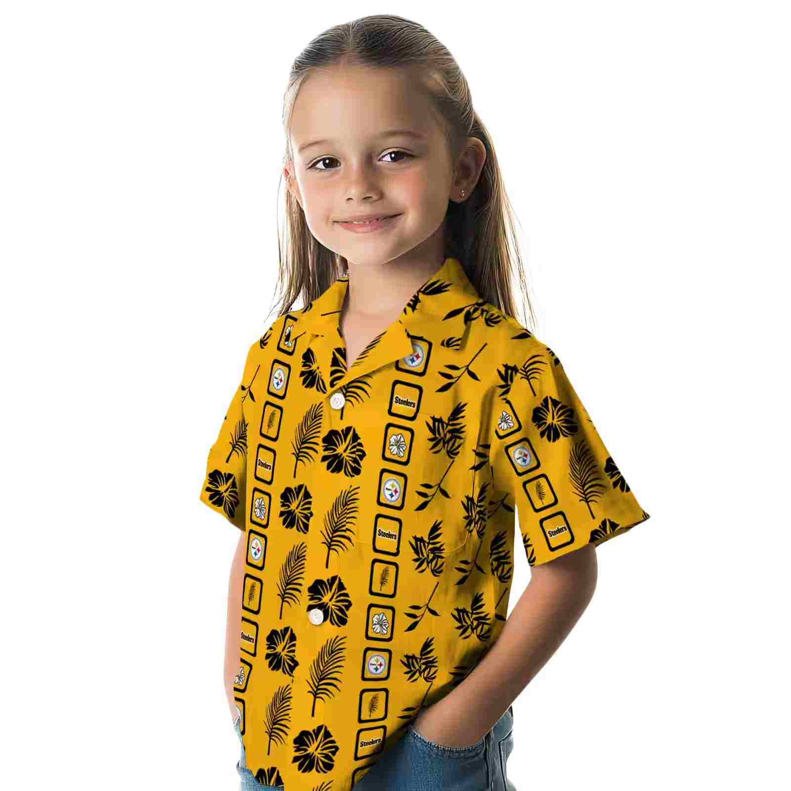 pittsburgh steelers framed floral gold hawaiian shirt premium grade