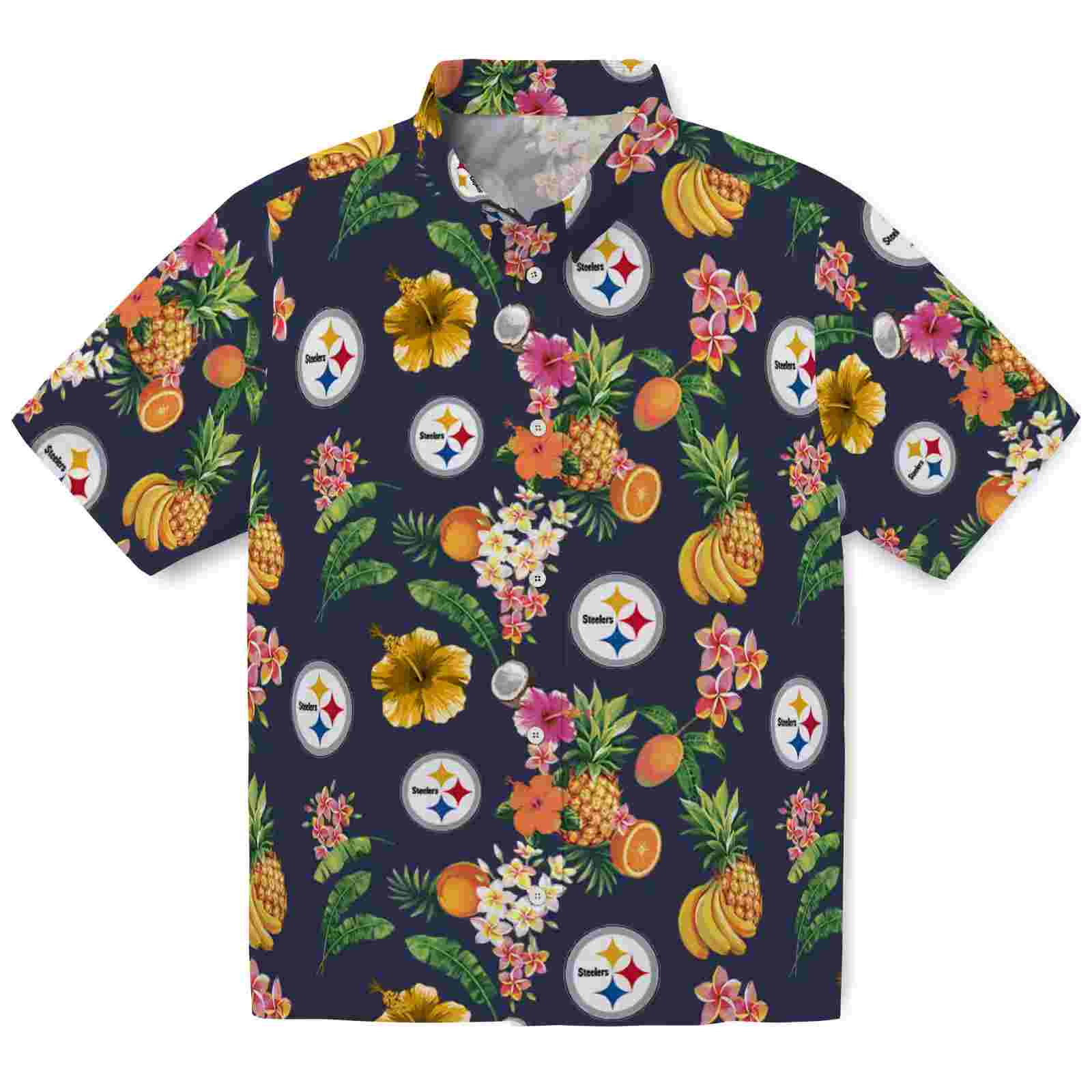 Pittsburgh Steelers Hibiscus And Fruit Navy Blue Hawaiian Shirt