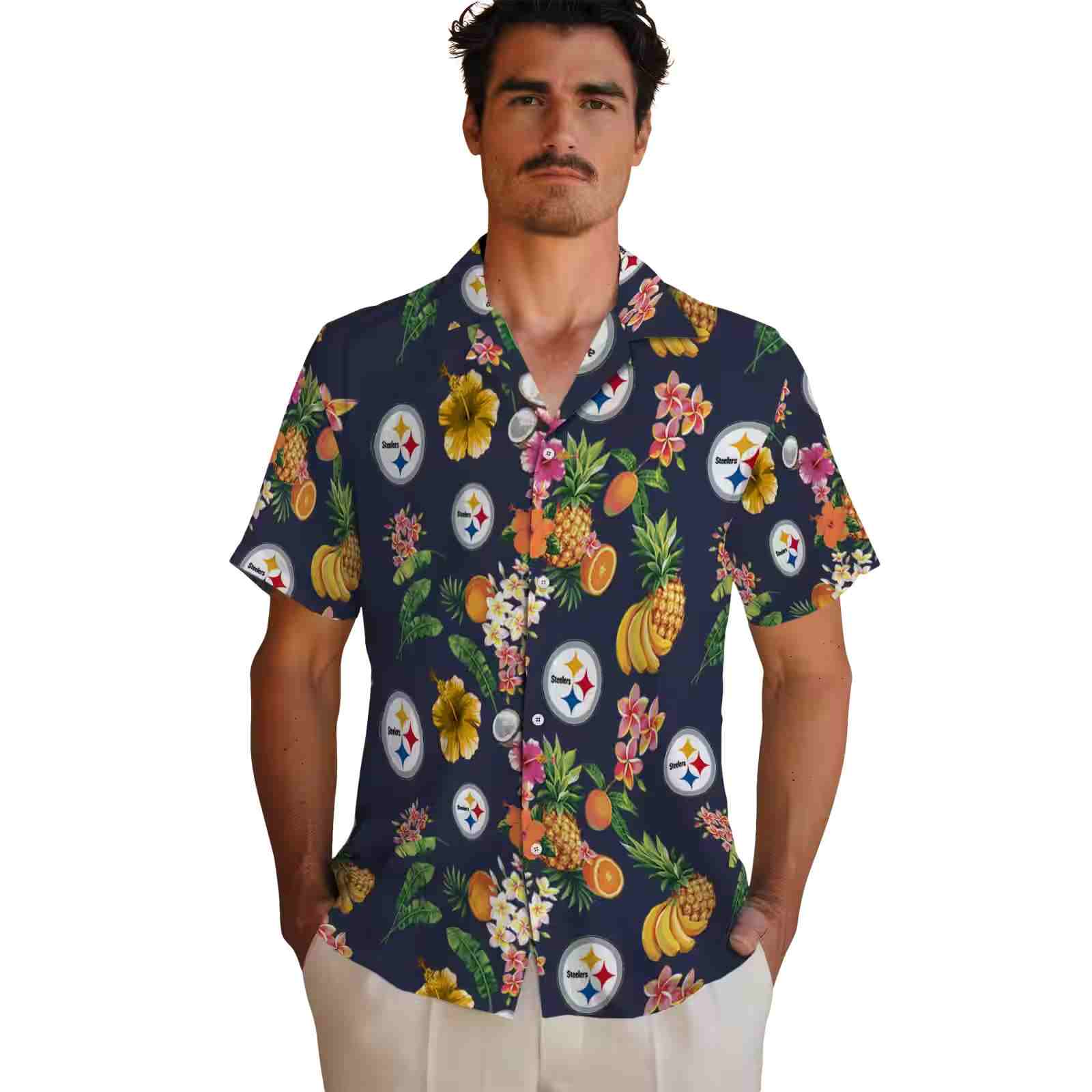 pittsburgh steelers hibiscus and fruit navy blue hawaiian shirt fashion forward